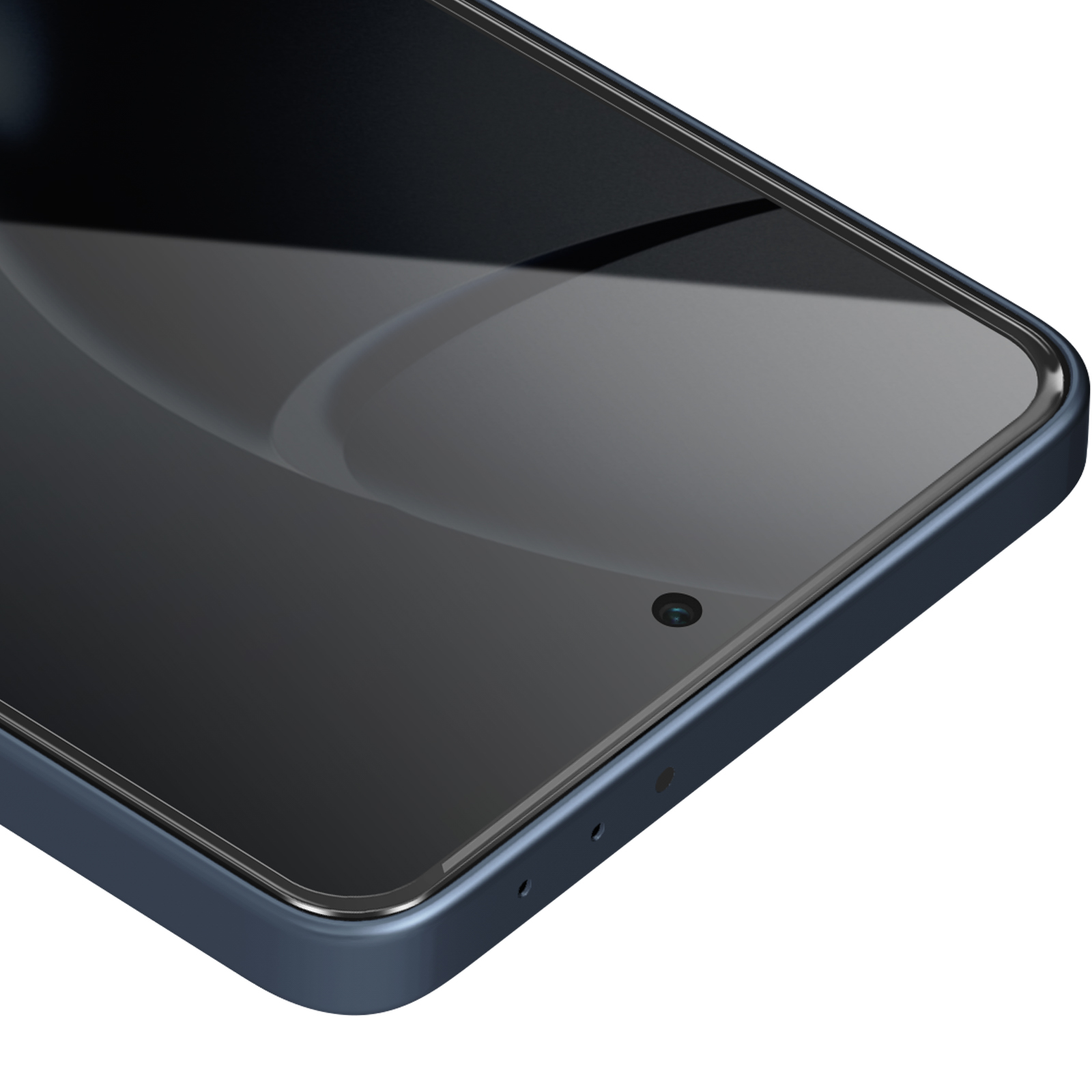 Primo piano di uno smartphone blu. Sono visibili schermo, fotocamera e fori degli altoparlanti. Il telefono è angolato su sfondo bianco.