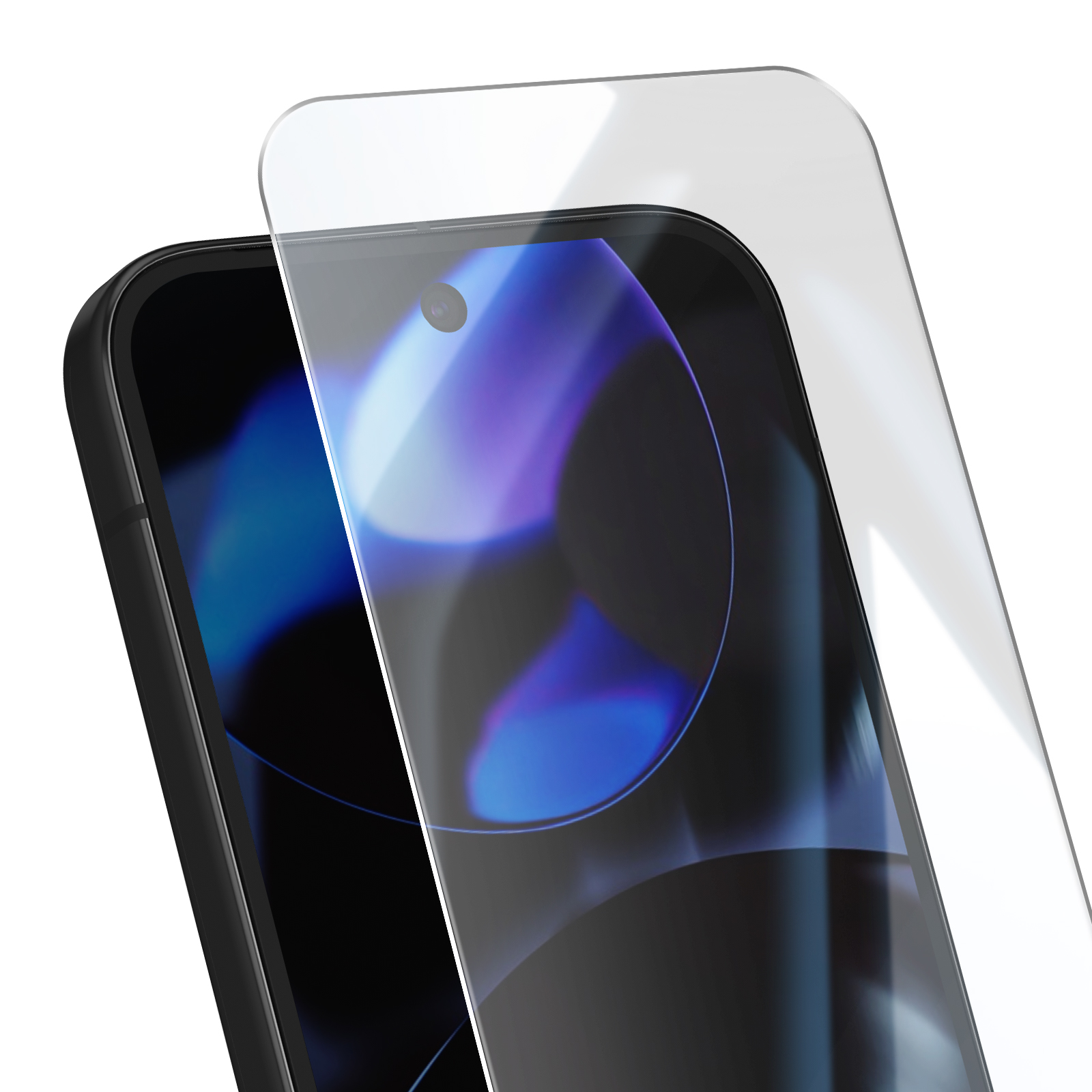 Uno smartphone nero con una protezione per lo schermo. Il telefono ha un obiettivo della fotocamera. Lo schermo mostra colori blu e viola.
