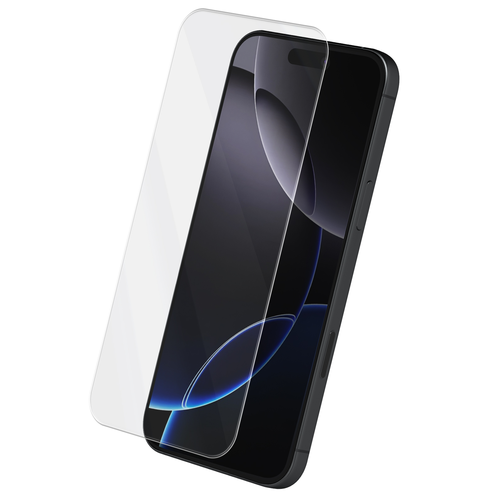 Uno smartphone nero con una protezione per lo schermo. La protezione per lo schermo è leggermente sollevata. Sfondo bianco.