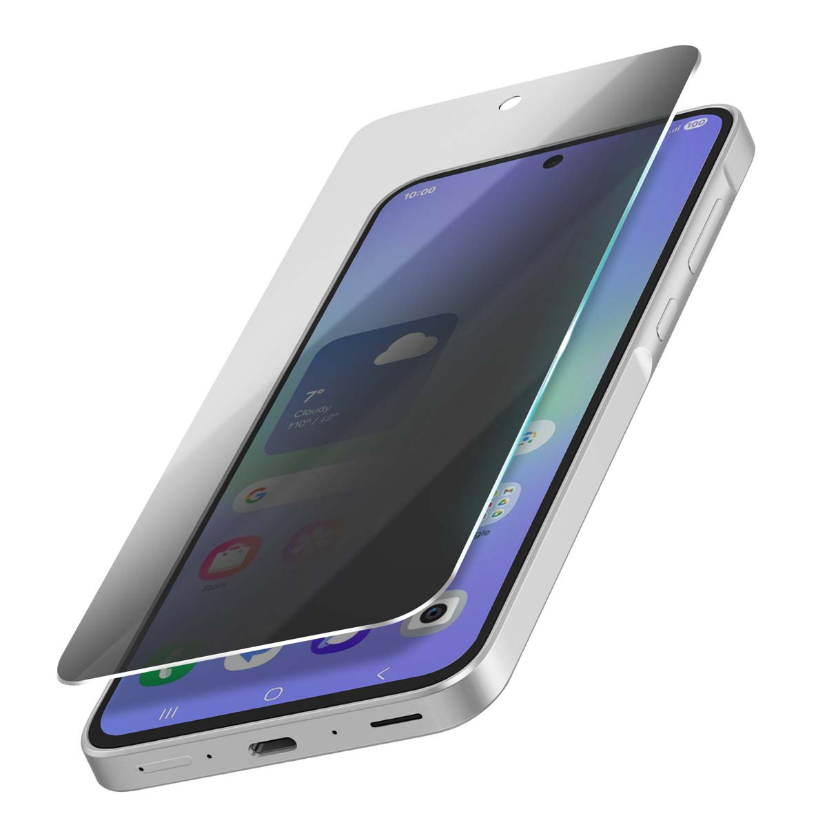 Uno smartphone argentato con una protezione per lo schermo applicata. Lo schermo mostra un'app meteo. Nuvoloso, 7 gradi.