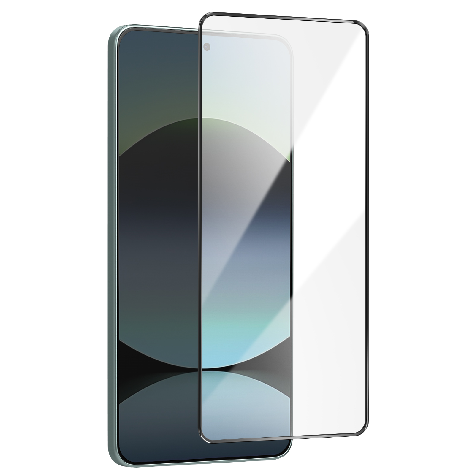 Uno smartphone con una protezione per lo schermo. Il telefono è verde e la protezione è trasparente. Lo sfondo è bianco.