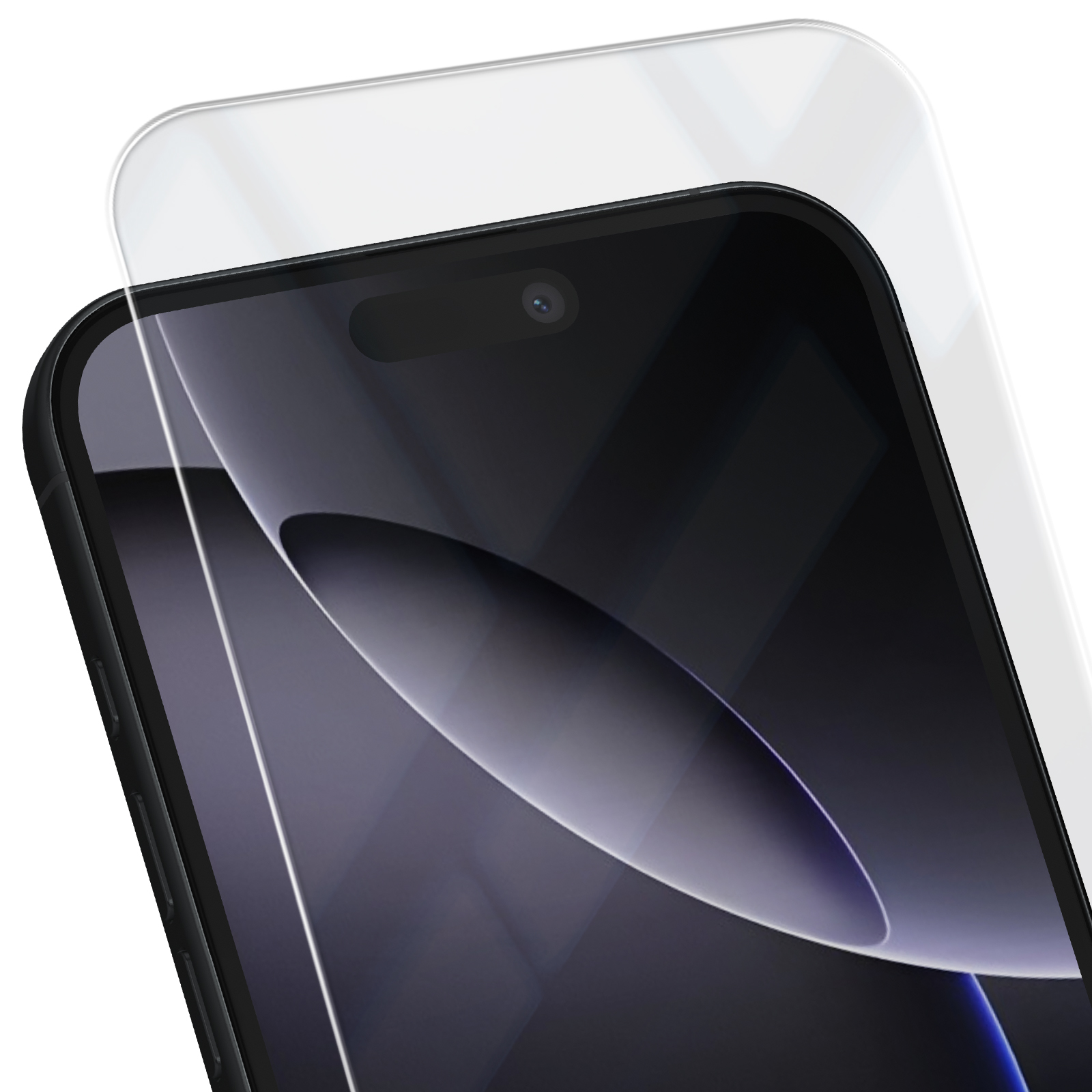 Primo piano di uno smartphone con una protezione per lo schermo applicata. Il telefono è nero. La protezione è trasparente e copre lo schermo.