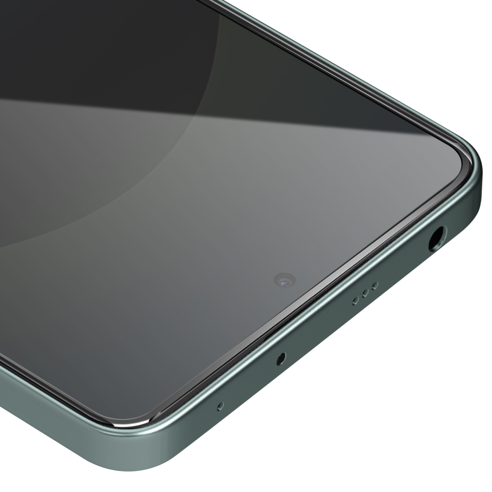Primo piano di uno smartphone verde acqua. Lo schermo è scuro, con una fotocamera e fori per altoparlanti. Il telefono è su sfondo bianco.