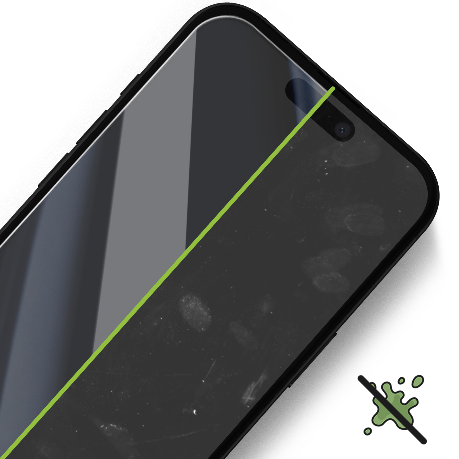 Pellicola protettiva per telefono, metà pulita e metà sporca. Una linea verde separa le sezioni. Icona anti-schizzo in basso a destra.