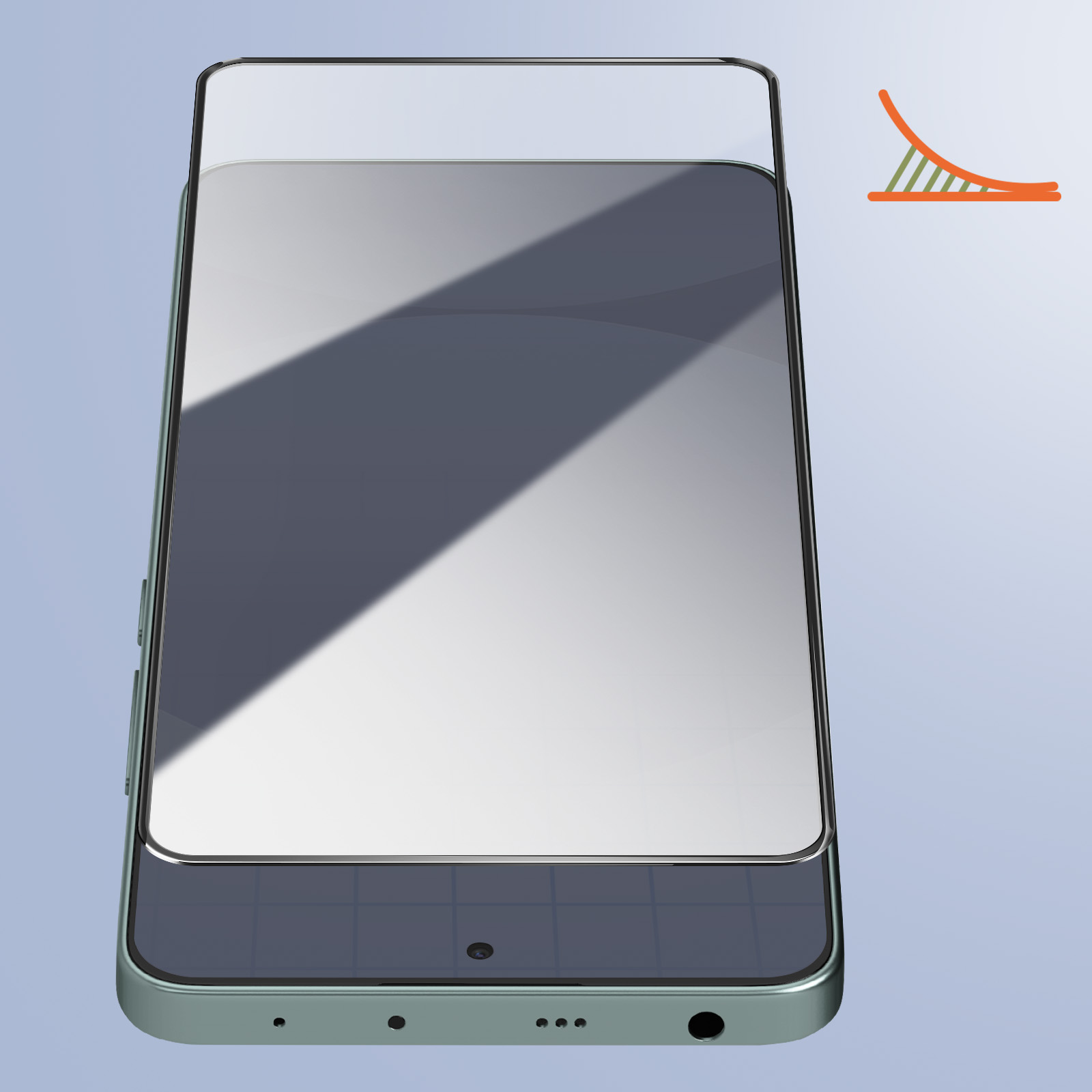È mostrato uno smartphone con una protezione per lo schermo. Il telefono è verde con sfondo azzurro. Un logo arancione e verde è nell'angolo.