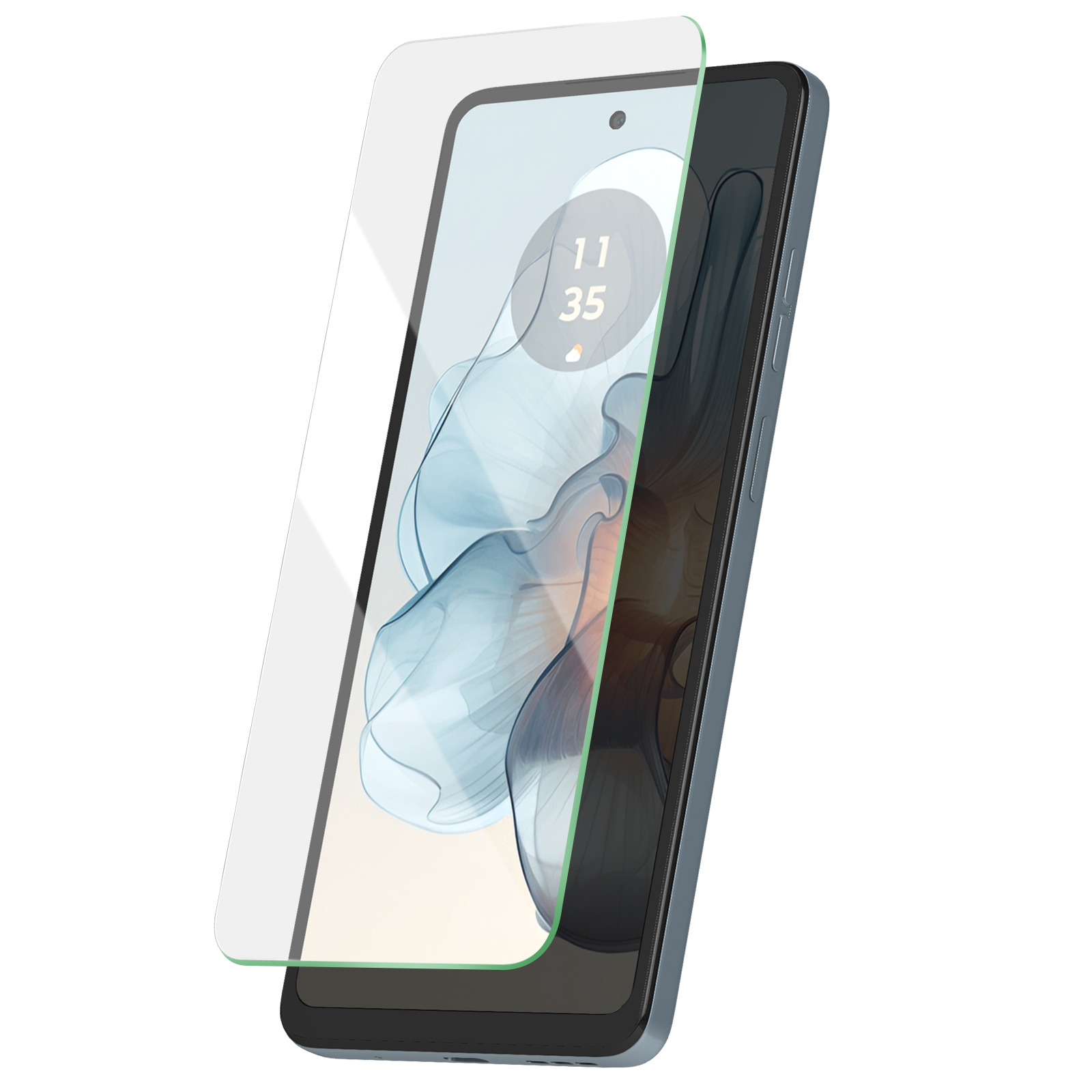 Uno smartphone con una protezione per lo schermo. Lo schermo mostra l'ora 11:35. Il telefono è blu, la protezione è trasparente.