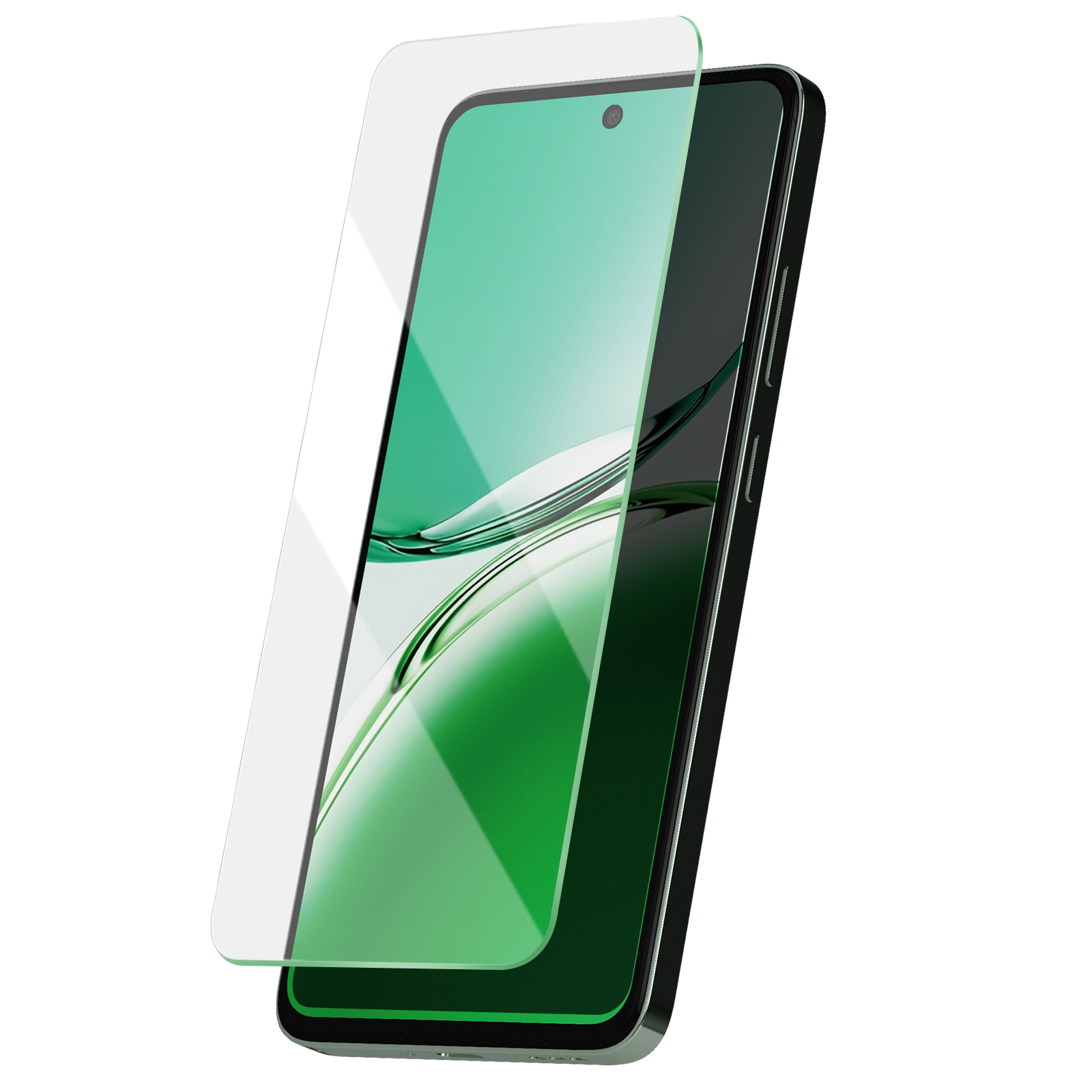 Uno smartphone con protezione per lo schermo. Il telefono è nero con schermo verde. La protezione è trasparente.