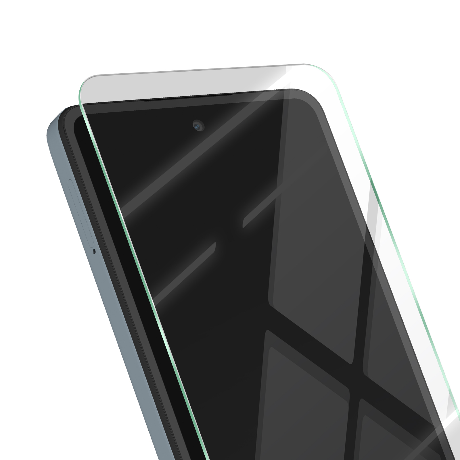 Uno smartphone con una protezione per lo schermo applicata. Il telefono è grigio, con schermo nero. La protezione è trasparente, con bordo verde.