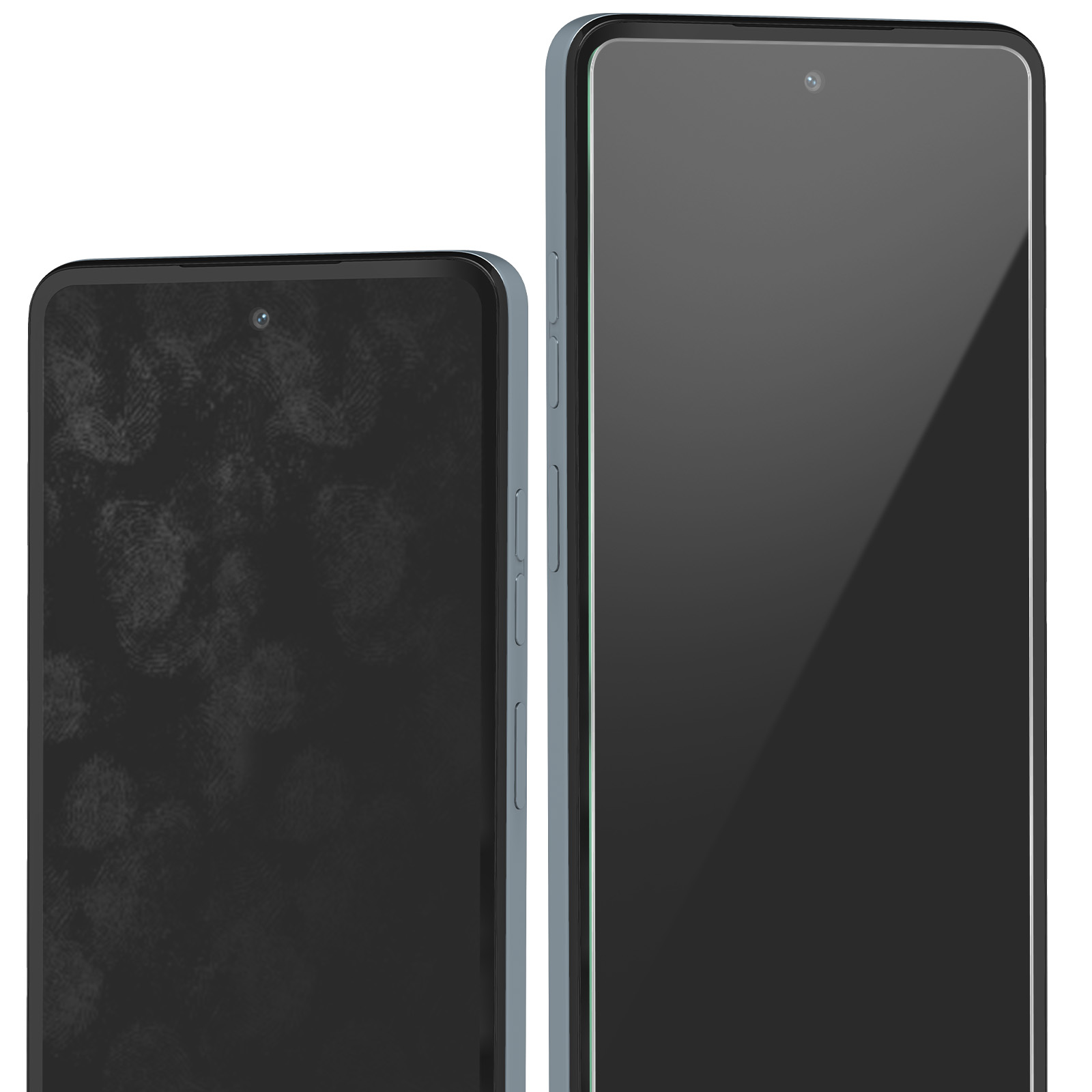 Due smartphone affiancati. Uno ha impronte digitali visibili sullo schermo. Entrambi hanno una fotocamera in alto.