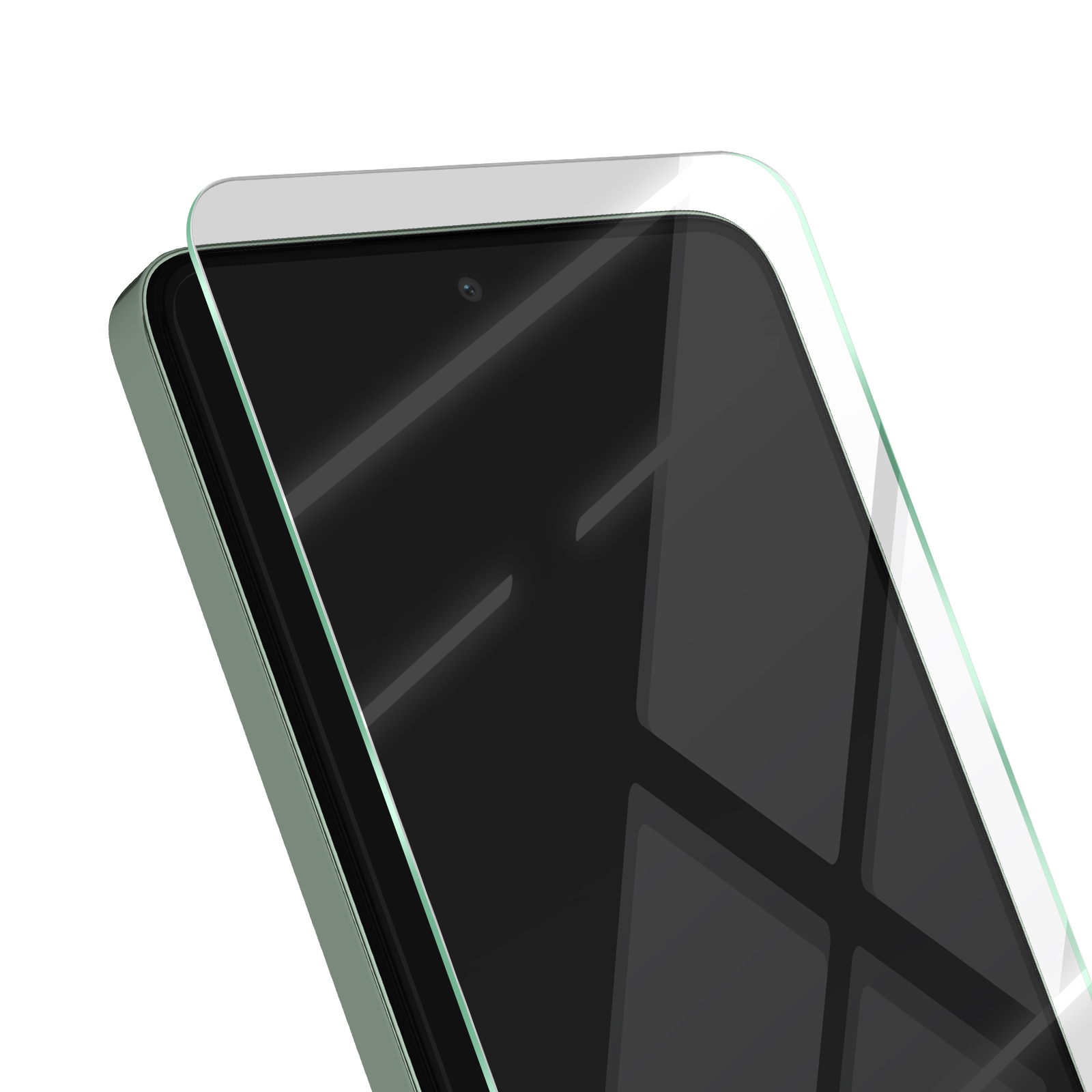 Uno smartphone con una protezione per lo schermo applicata. Il telefono è verde chiaro, con schermo nero. Visibile una fotocamera frontale.