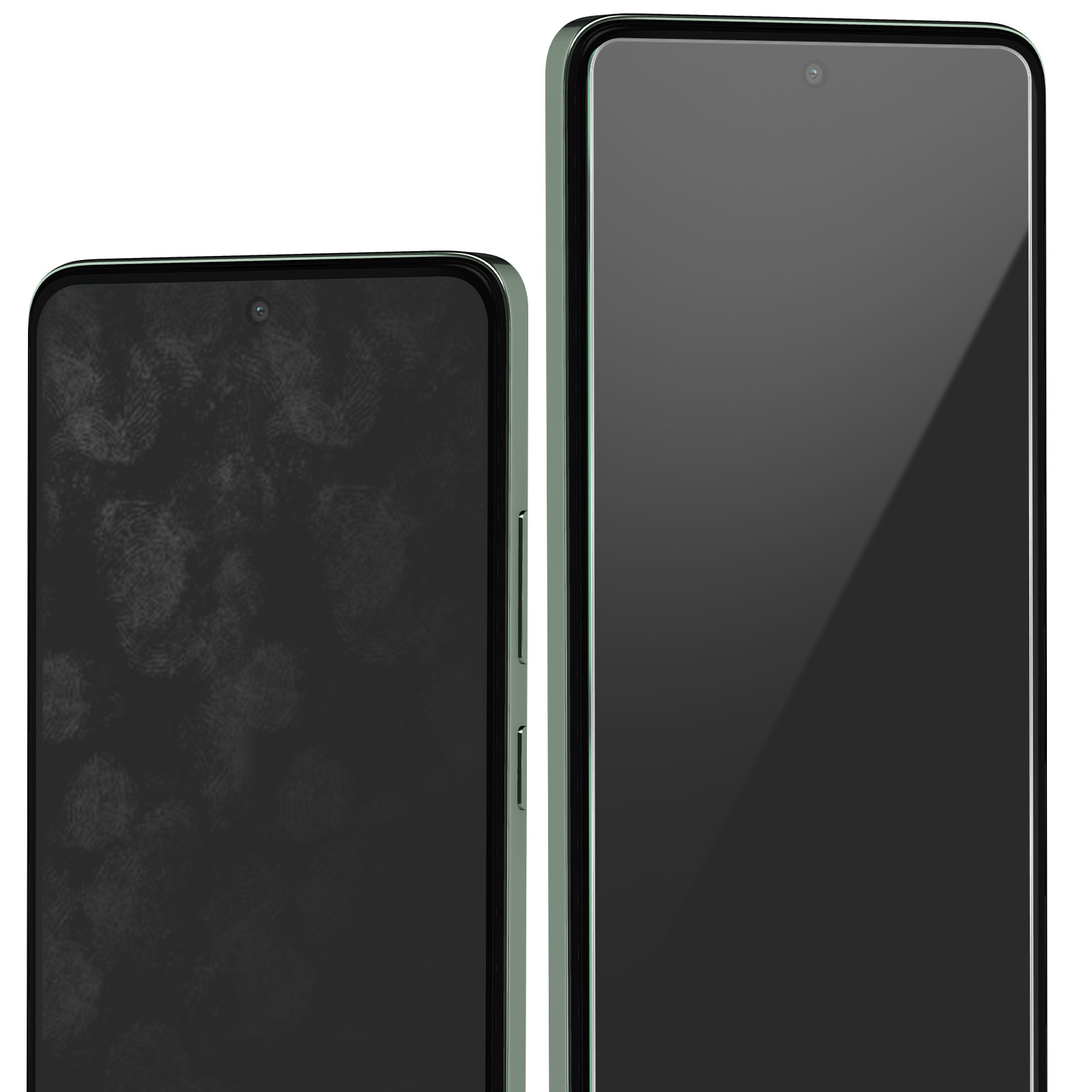 Sono mostrati due smartphone con schermi neri. Uno ha impronte digitali, l'altro è pulito. Entrambi hanno cornici verdi.