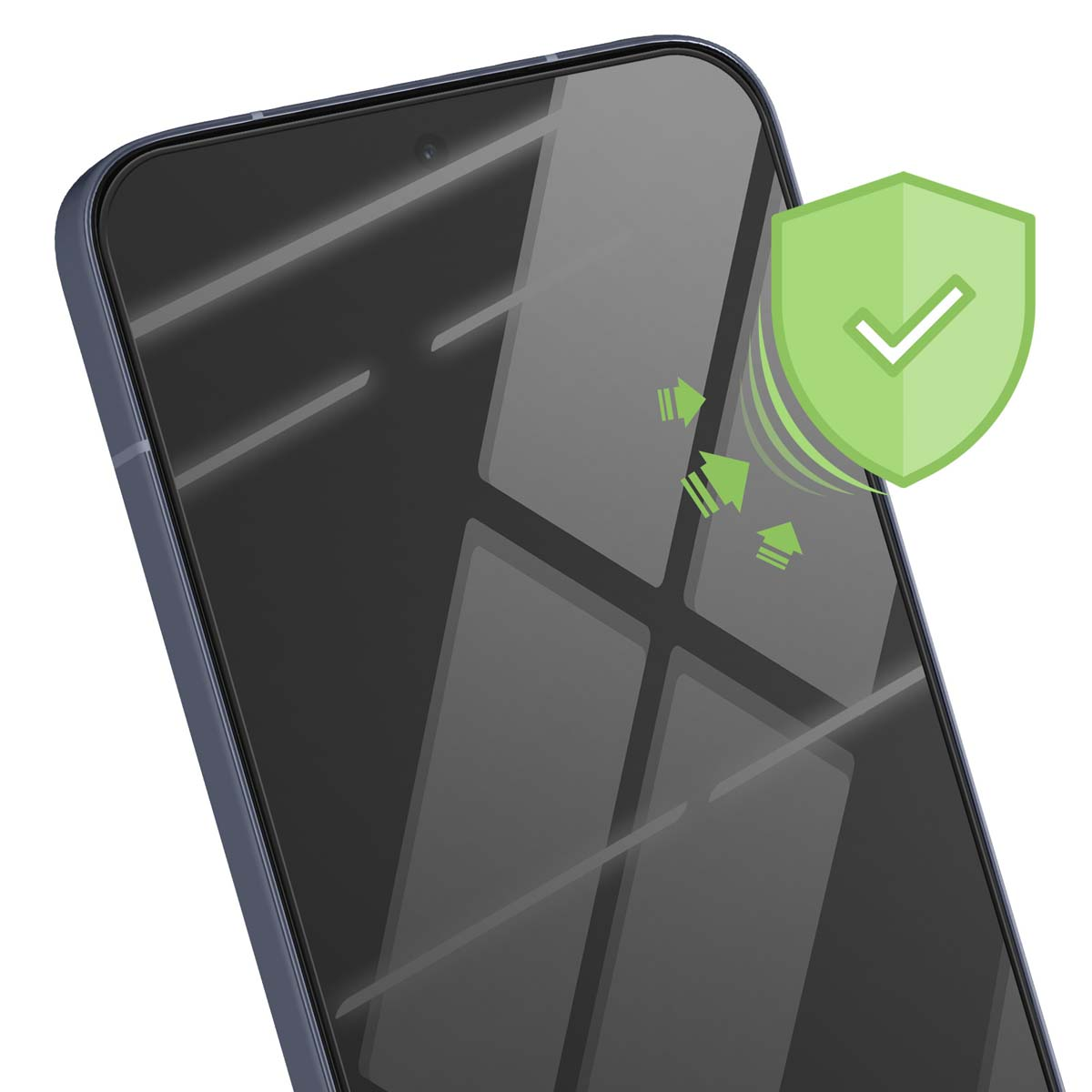 Een smartphone met een schermbeschermer. Een groen schildpictogram met een vinkje. Drie groene pijlen wijzen naar de telefoon.