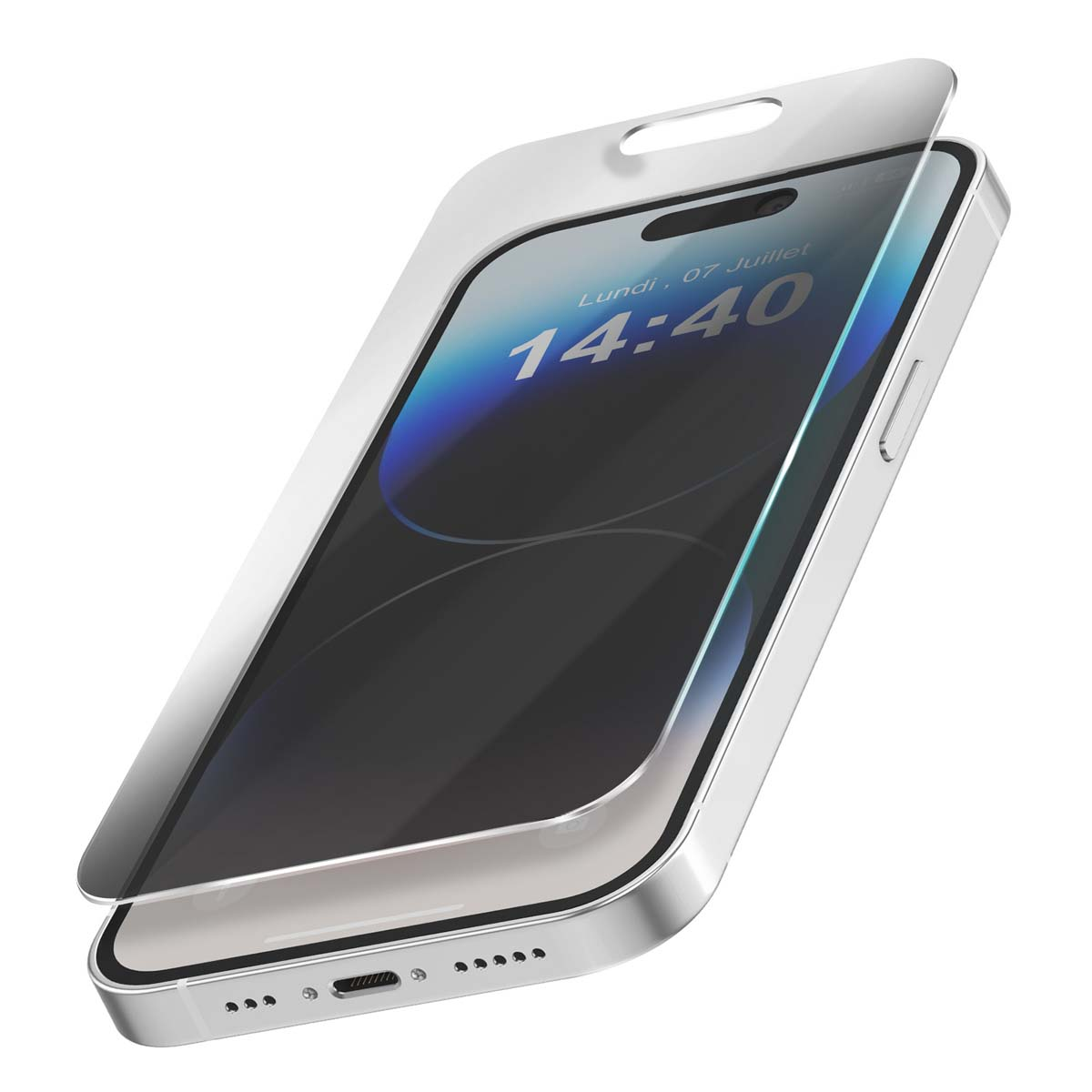 Un smartphone argenté avec un protecteur d'écran. L'écran affiche l'heure et la date. Le protecteur est partiellement soulevé.