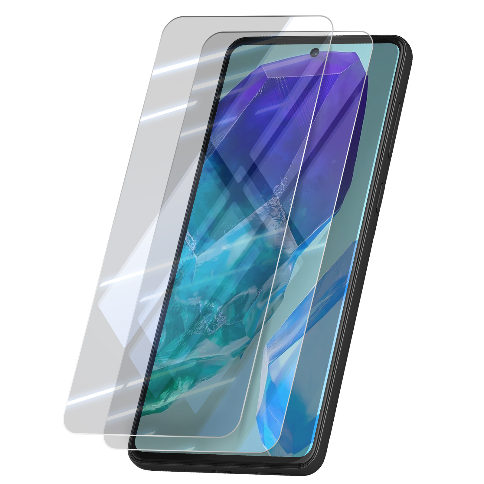 È mostrato uno smartphone con una protezione per lo schermo. Lo schermo mostra un design astratto blu e turchese. La protezione è trasparente.