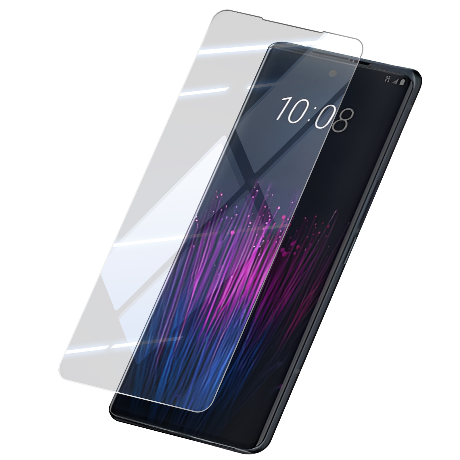 Uno smartphone con protezione schermo. Il telefono mostra le 10:08. Lo schermo mostra linee viola e blu. Sfondo bianco.