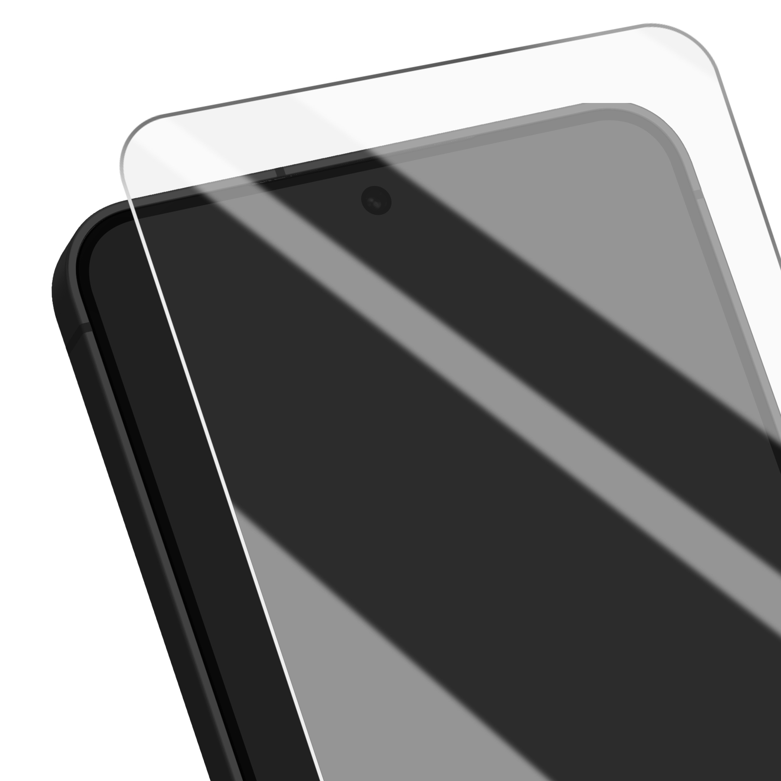 Uno smartphone con una protezione schermo applicata. Lo schermo è scuro, con una fotocamera visibile e una protezione trasparente sopra.