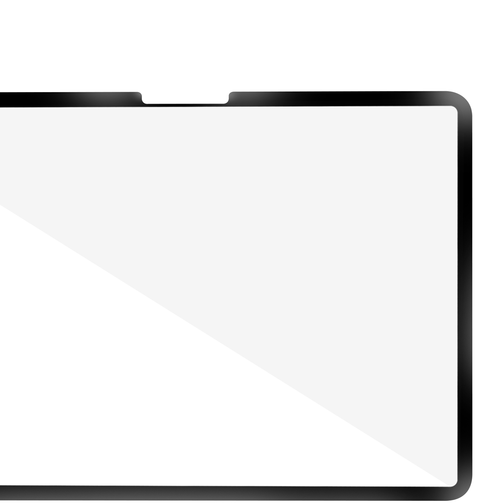 Een tablet met een zwarte rand. Het scherm is wit. Een diagonale schaduw loopt over het scherm.
