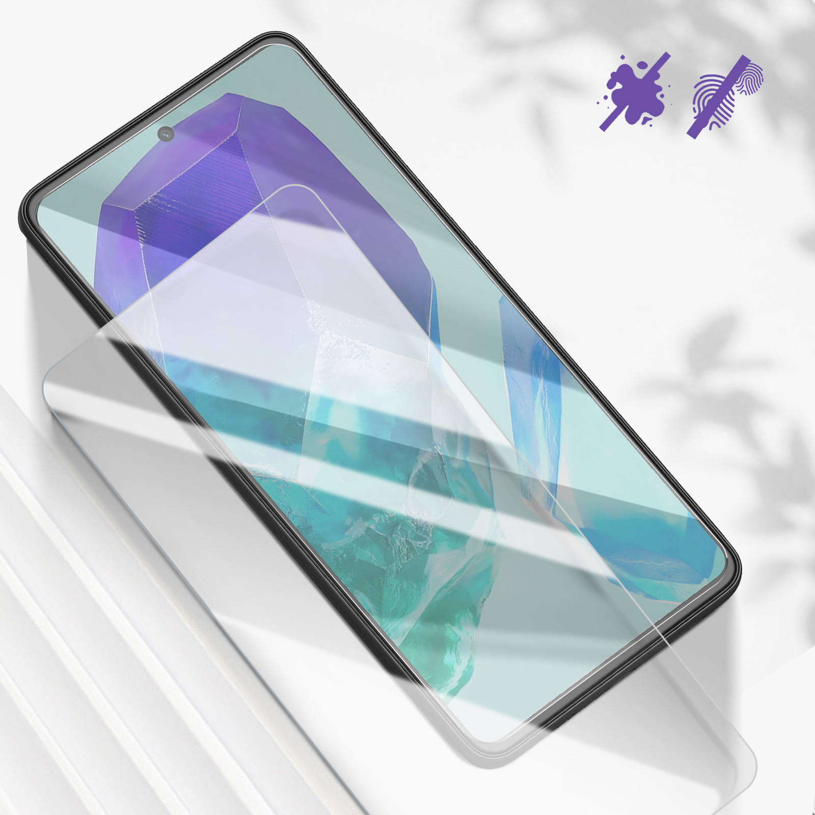 Uno smartphone con protezione schermo, icone viola di schizzi e impronte digitali, su superficie bianca. Ombra visibile.