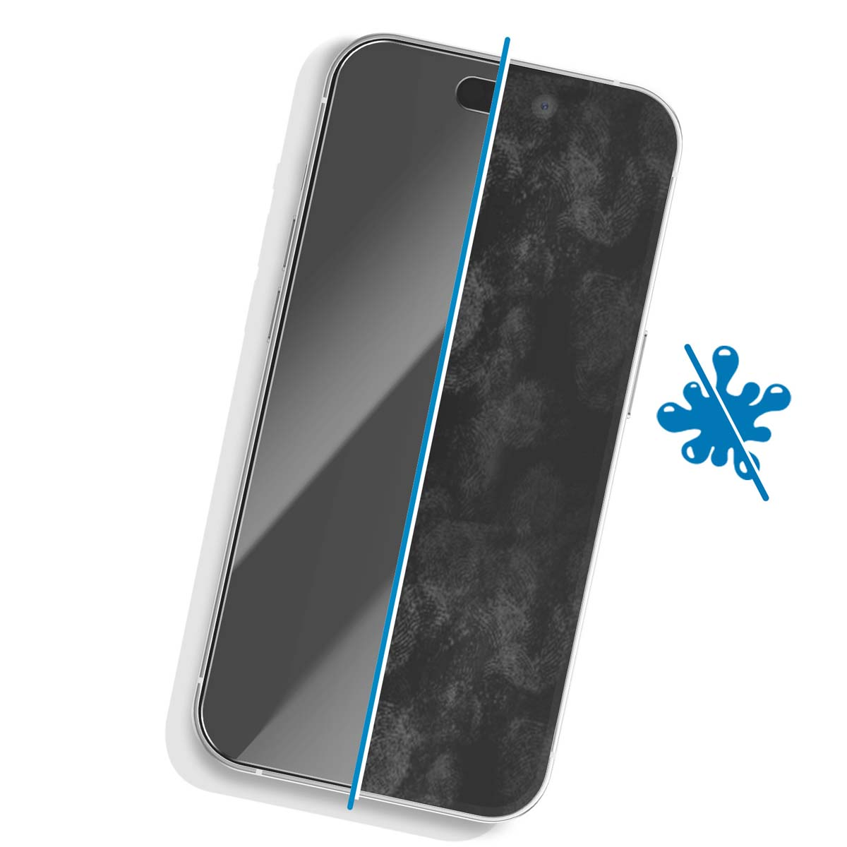 Smartphone avec protecteur d'écran. Un côté propre, l'autre montre des empreintes digitales. Une ligne bleue divise le téléphone. Icône sans éclaboussures.