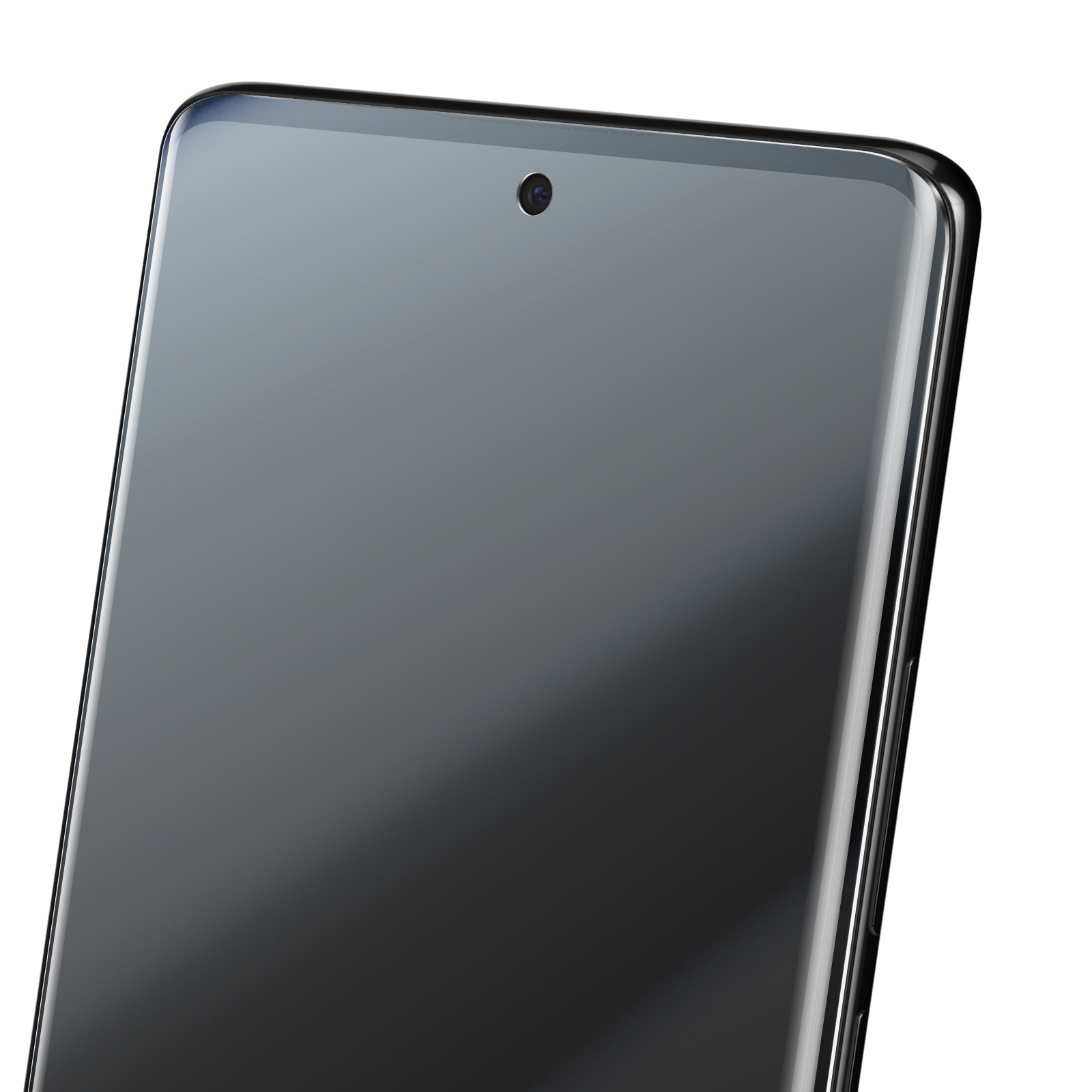 Primo piano di uno smartphone nero. Lo schermo è riflettente e ha una fotocamera in alto al centro. I bordi sono curvi.
