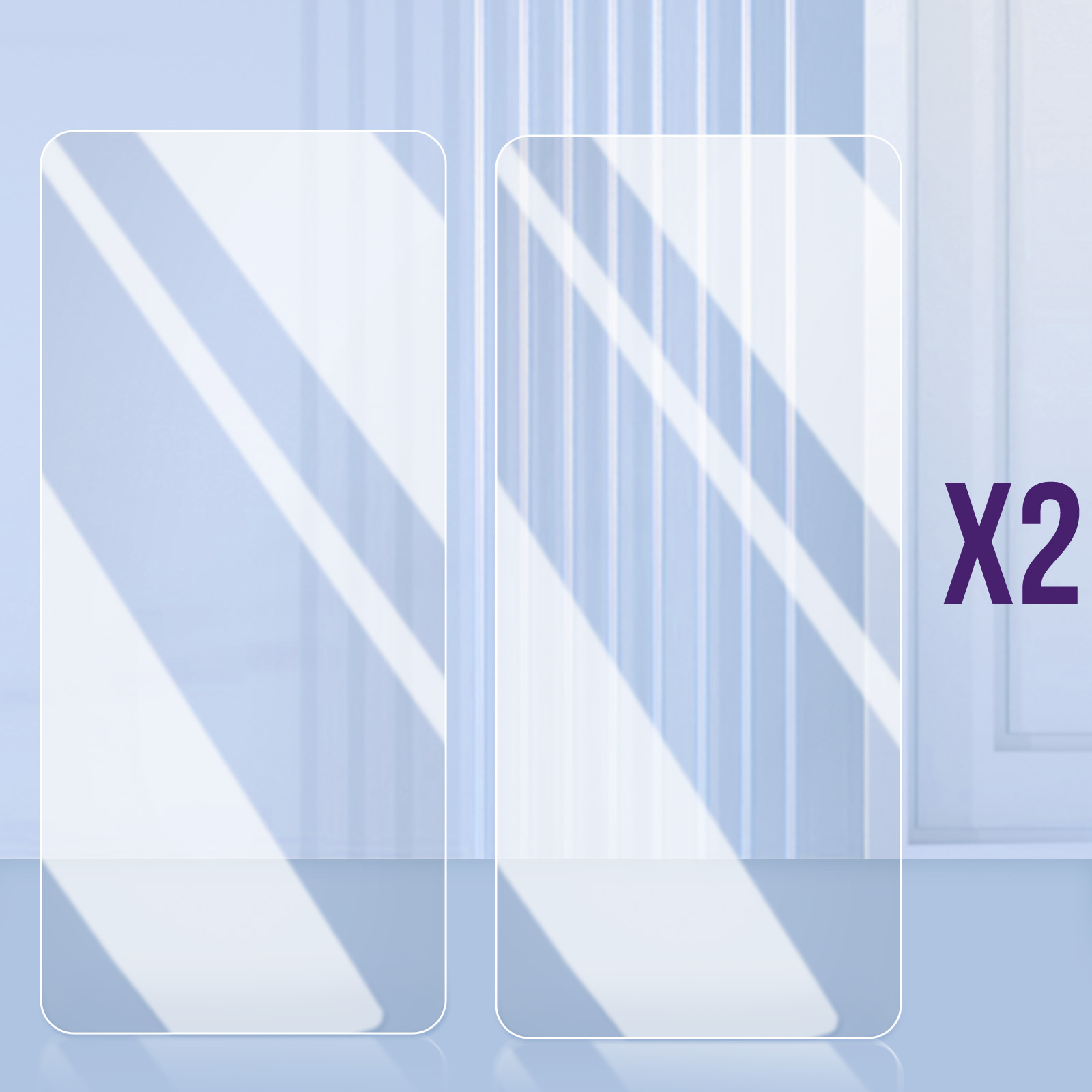 Due pannelli rettangolari trasparenti su sfondo azzurro con strisce di luce solare. Il numero X2 è nell'angolo.