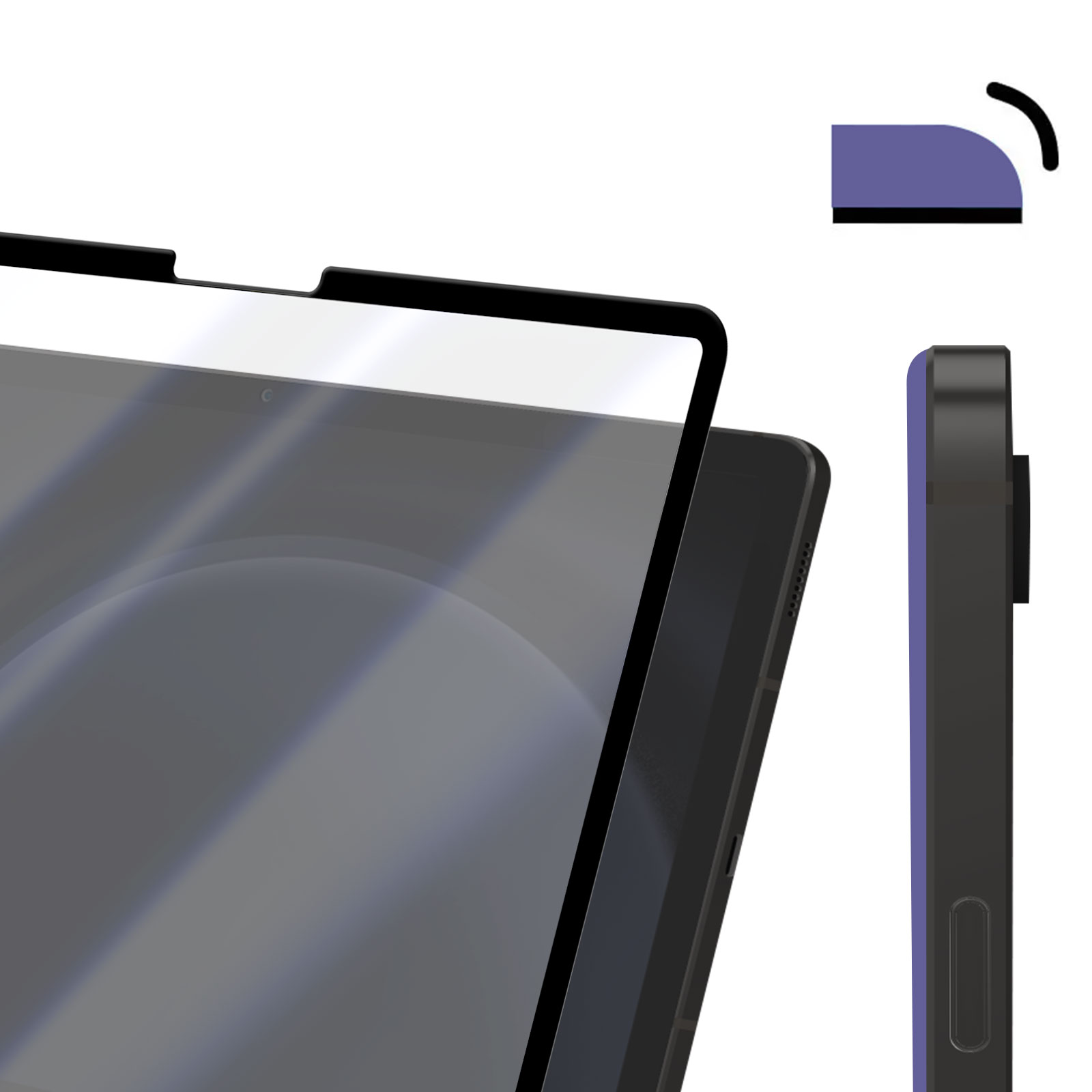 Een tablet met een schermbeschermer wordt getoond. De tablet is zwart met een helder scherm, en een zijaanzicht is zichtbaar.