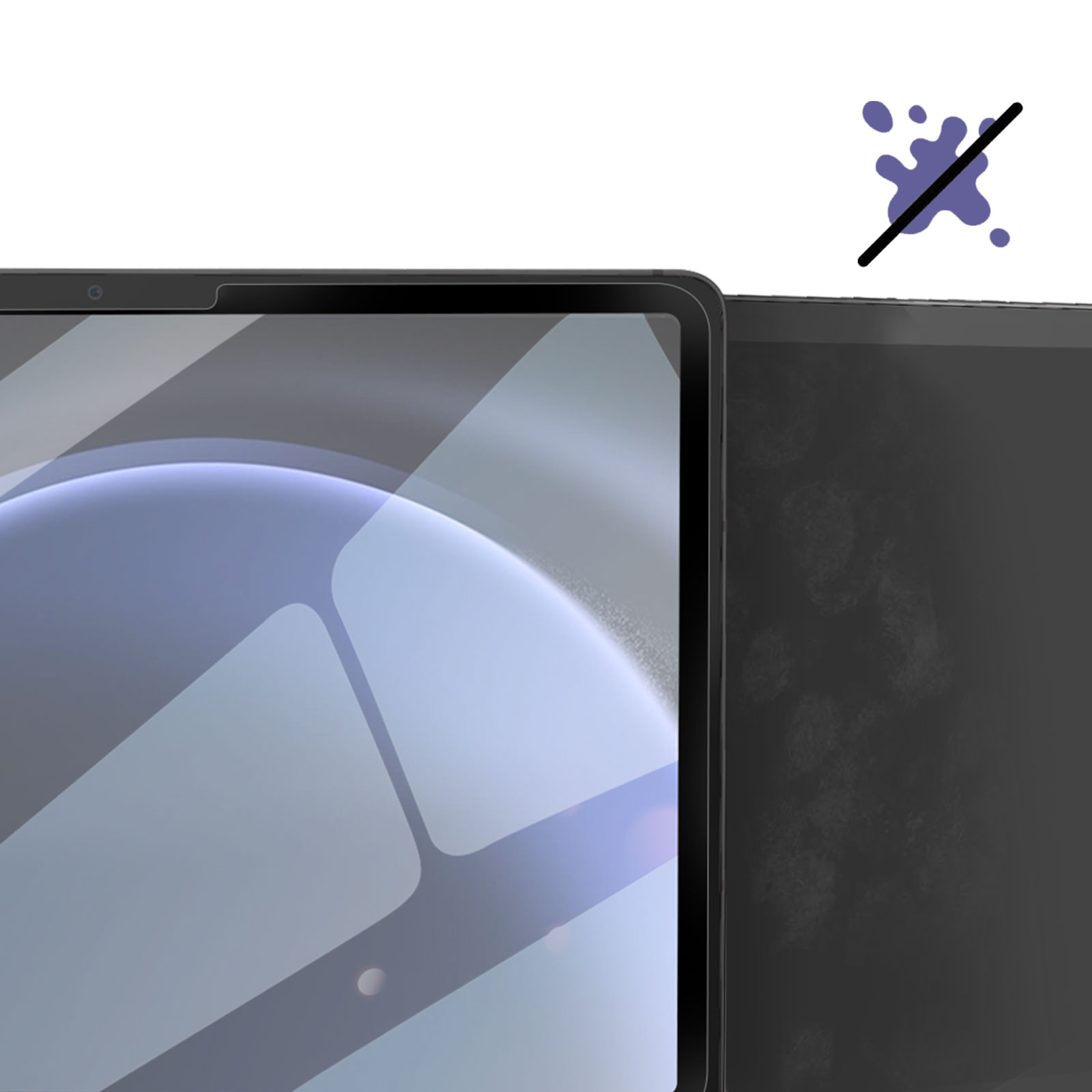 Een tablet met een schermbeschermer. Een paarse vlek met een streep erdoor, wat aangeeft dat vlekken niet zijn toegestaan.