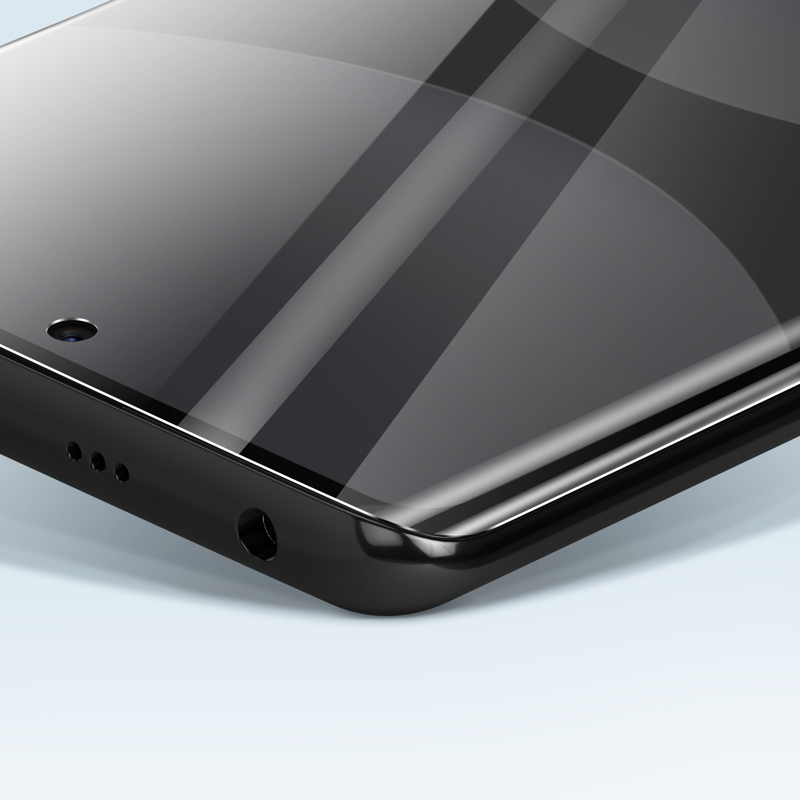 Primo piano di uno smartphone nero con schermo lucido. Dettagli: fotocamera, porte e superficie riflettente.