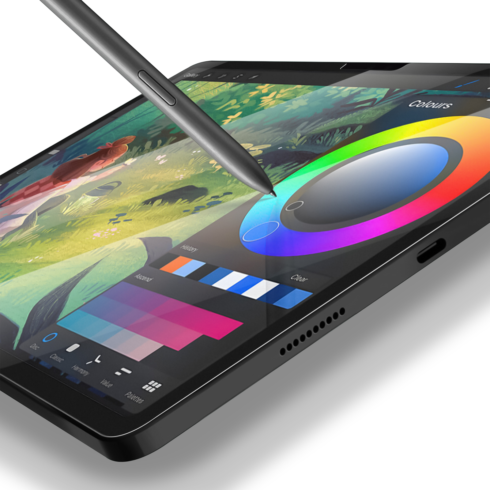 Un tablet con stilo, che mostra un'interfaccia di pittura digitale con tavolozza colori e strumenti. Lo stilo è sospeso.