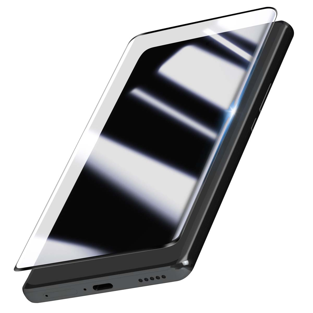 Een smartphone met een schermbeschermer. De telefoon is zwart, met een heldere, iets verhoogde schermbeschermer. De achtergrond is wit.