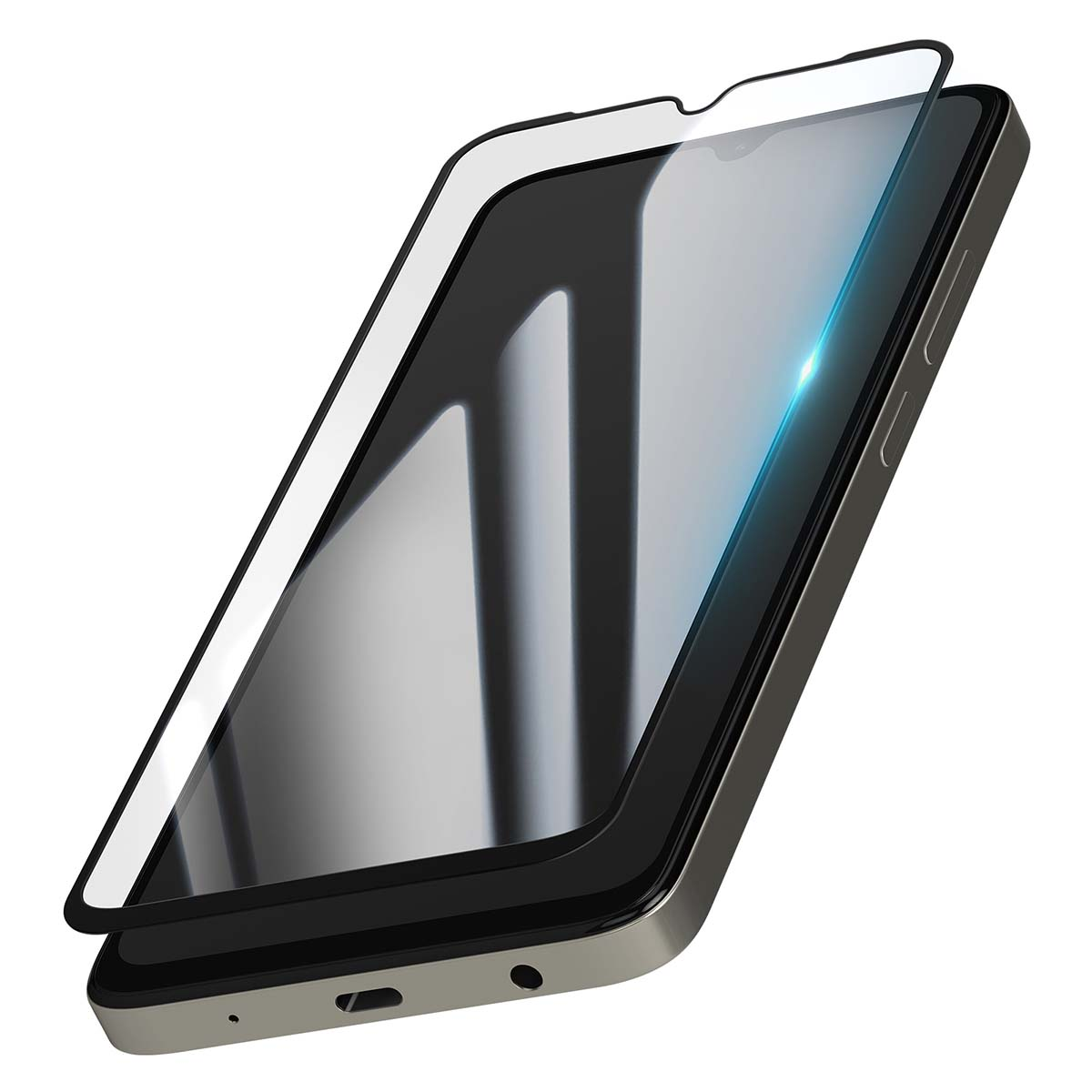 Uno smartphone con protezione schermo applicata. Il telefono è grigio, lo schermo è nero e la protezione ha un bordo bianco.