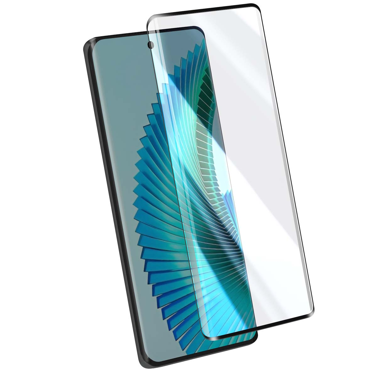 Een smartphone met een schermbeschermer. De telefoon toont een blauw en groen abstract ontwerp. De beschermer is helder en iets van de telefoon af.