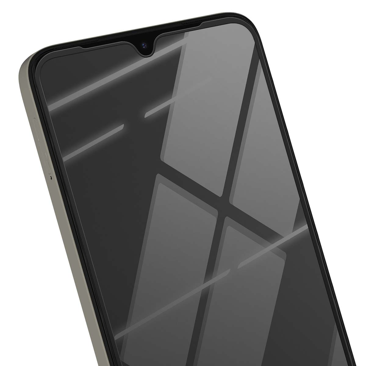 Primo piano di una protezione schermo per smartphone. Lo schermo è scuro, riflettendo la luce. La cornice è grigio chiaro.