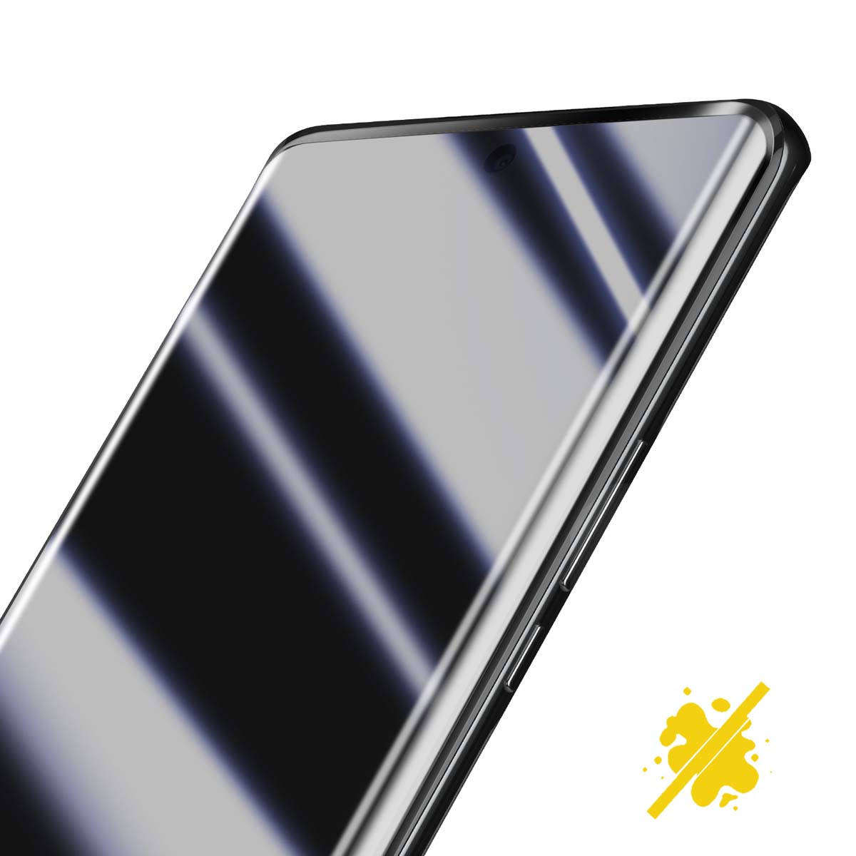 Close-up van een smartphone. Het scherm reflecteert, met lichte en donkere reflecties. De telefoon heeft een zwart frame.