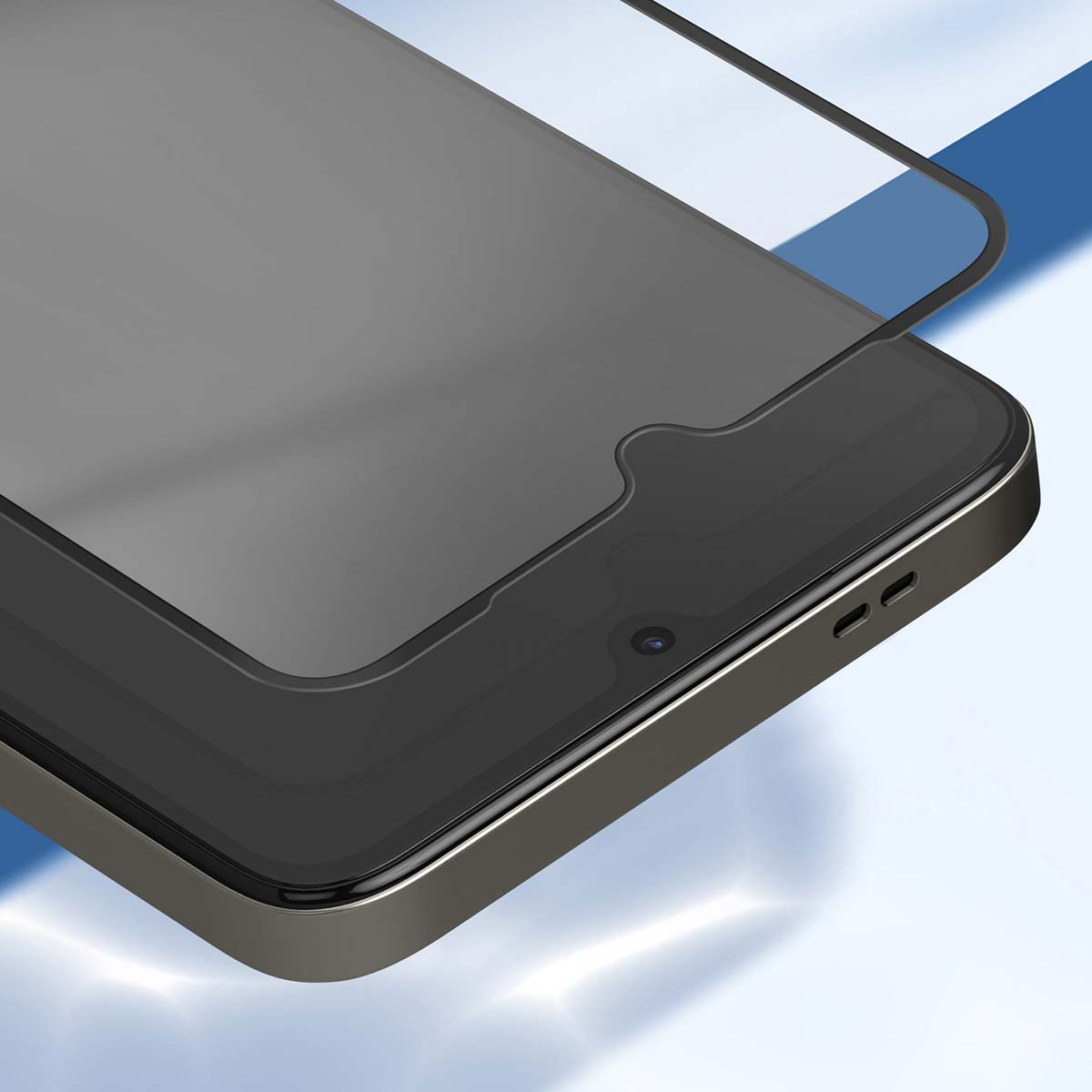 Primo piano di uno smartphone con protezione schermo applicata. Lo schermo è scuro e il telefono ha una cornice argentata.