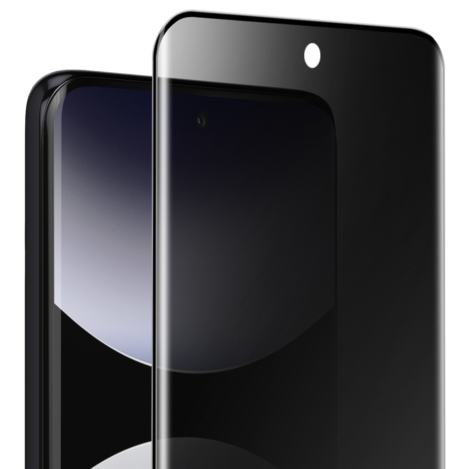Primo piano di due smartphone neri, uno leggermente dietro l'altro. Entrambi hanno bordi curvi e fotocamere frontali. Sfondo bianco.
