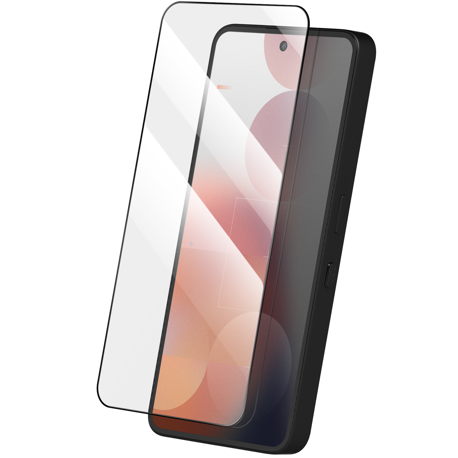 Uno smartphone nero con protezione schermo è in mostra. Lo schermo mostra un gradiente rosa e bianco.