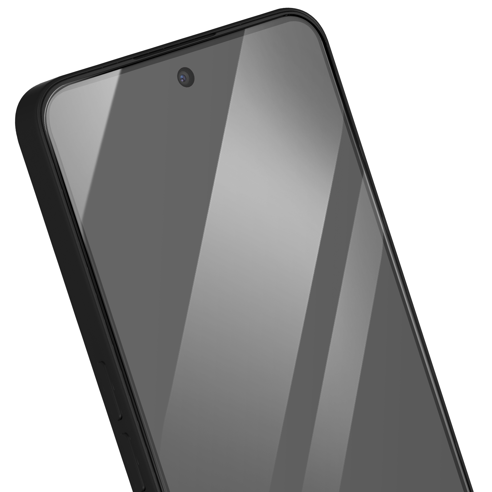 Primo piano di uno smartphone nero. Lo schermo è grigio e riflettente. Una fotocamera è visibile in alto. I bordi sono arrotondati.