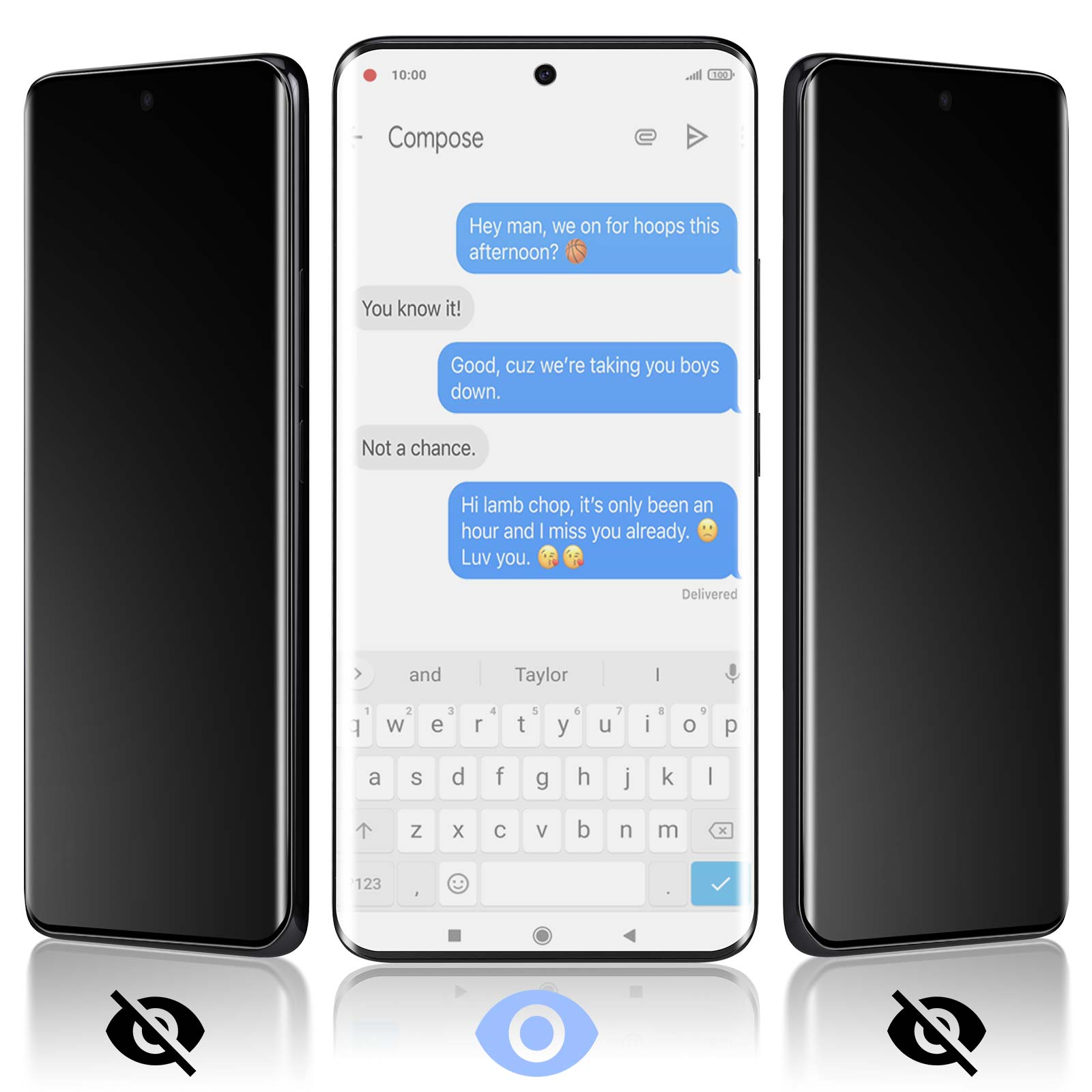 Tre telefoni: il centro mostra messaggi di testo su basket e amore. I telefoni laterali sono neri.