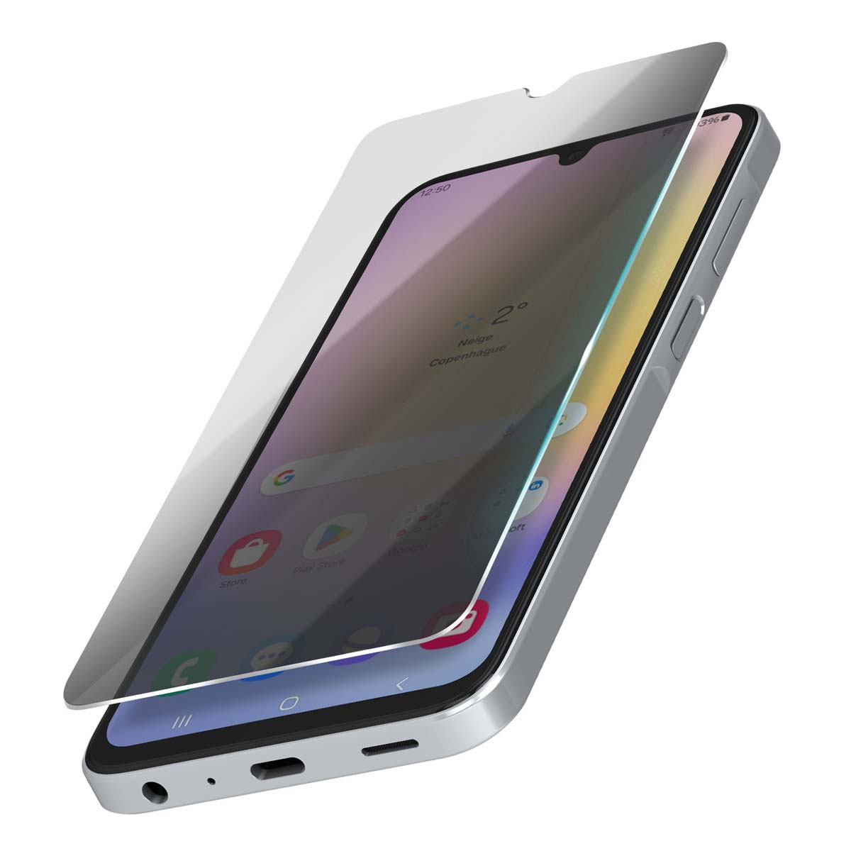 Uno smartphone con una protezione per lo schermo in fase di rimozione. Il telefono è grigio e lo schermo mostra icone di app e informazioni meteo.