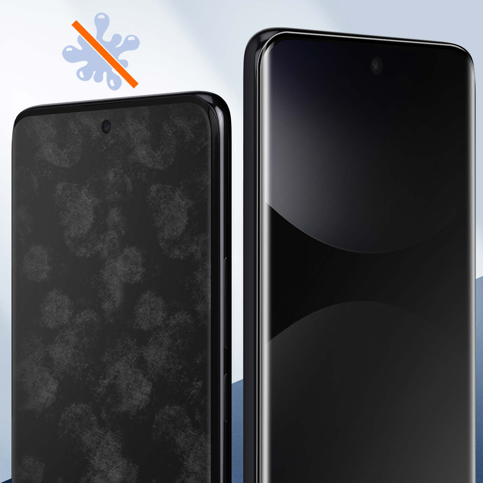Due smartphone neri, uno con impronte digitali e uno pulito. Una goccia d'acqua sbarrata in alto.