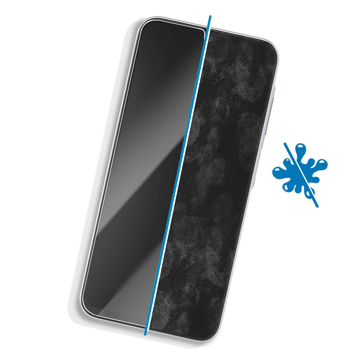 Uno smartphone con una protezione per lo schermo. La metà sinistra è pulita, la destra mostra impronte digitali. Un'icona blu di spruzzo è sbarrata.