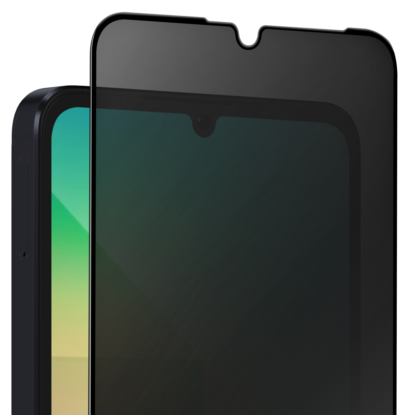 Uno smartphone con protezione schermo nera. Lo schermo mostra una fotocamera. Lo sfondo è bianco.