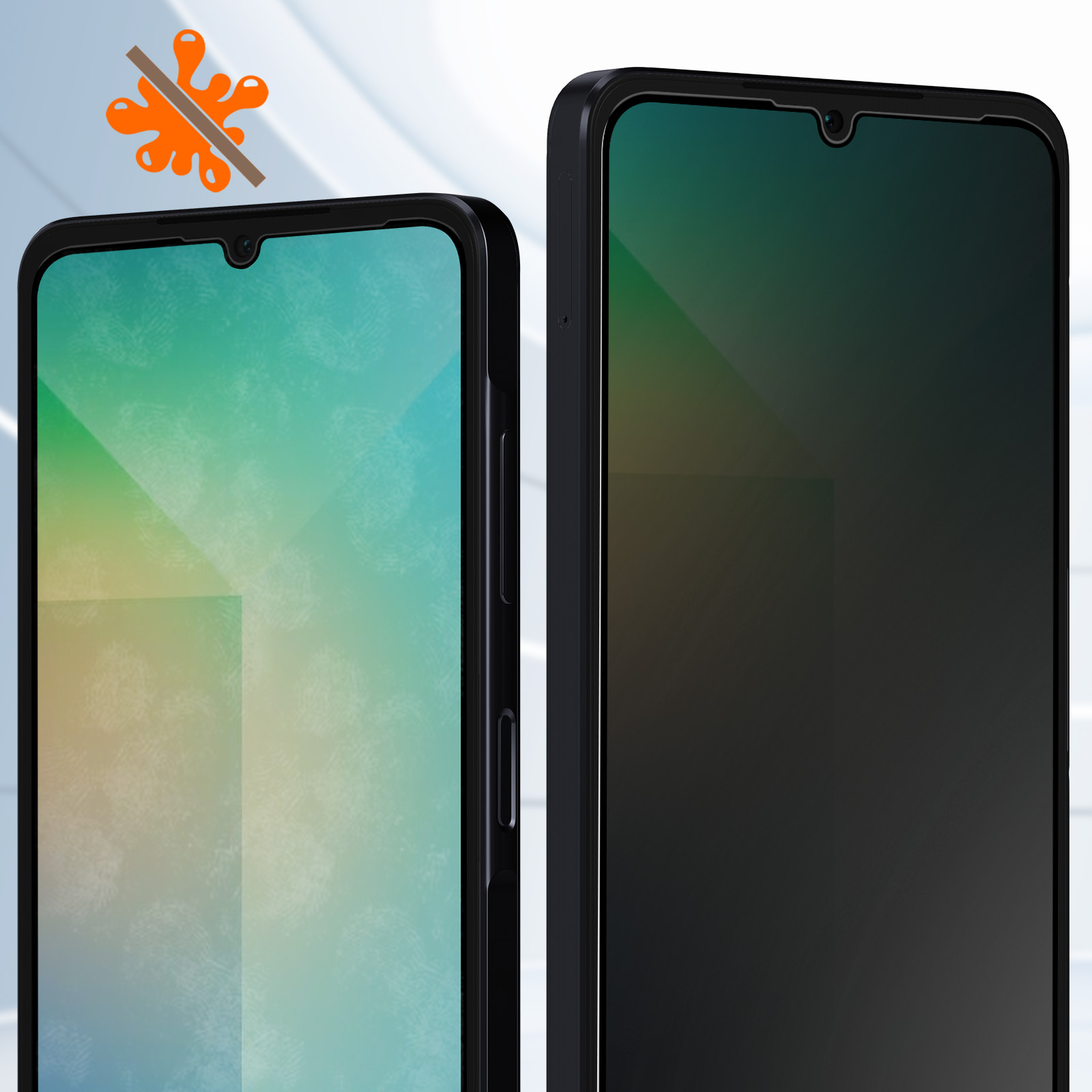 Due smartphone neri con schermi. Un'icona di spruzzo arancione è sbarrata. Uno schermo è verde, l'altro è scuro.