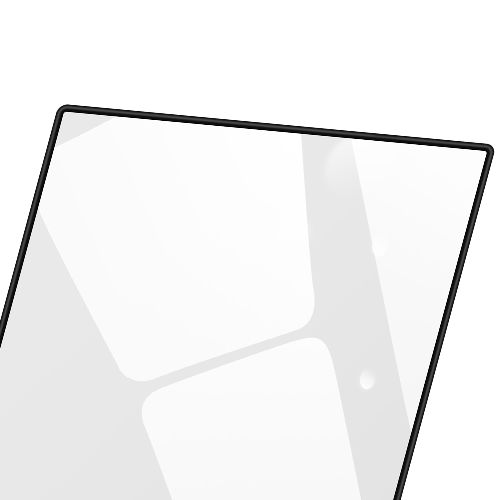 Uno schermo di tablet, cornice nera, superficie bianca. I riflessi sono visibili sullo schermo. Un punto di luce è in alto a destra.