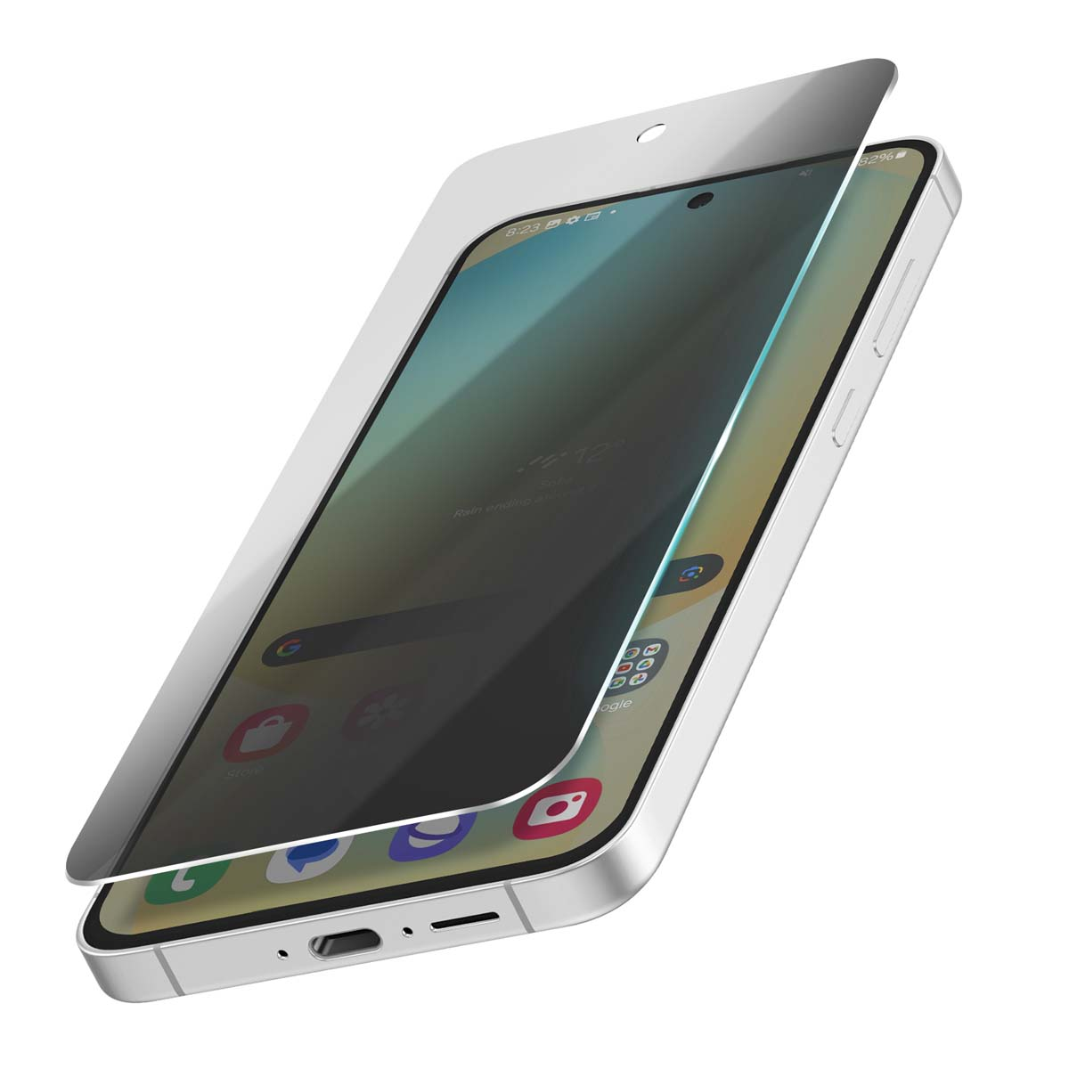 Smartphone avec protecteur d'écran. L'écran affiche des applications, l'heure et la météo. Le téléphone est argenté, et le protecteur est légèrement décalé.