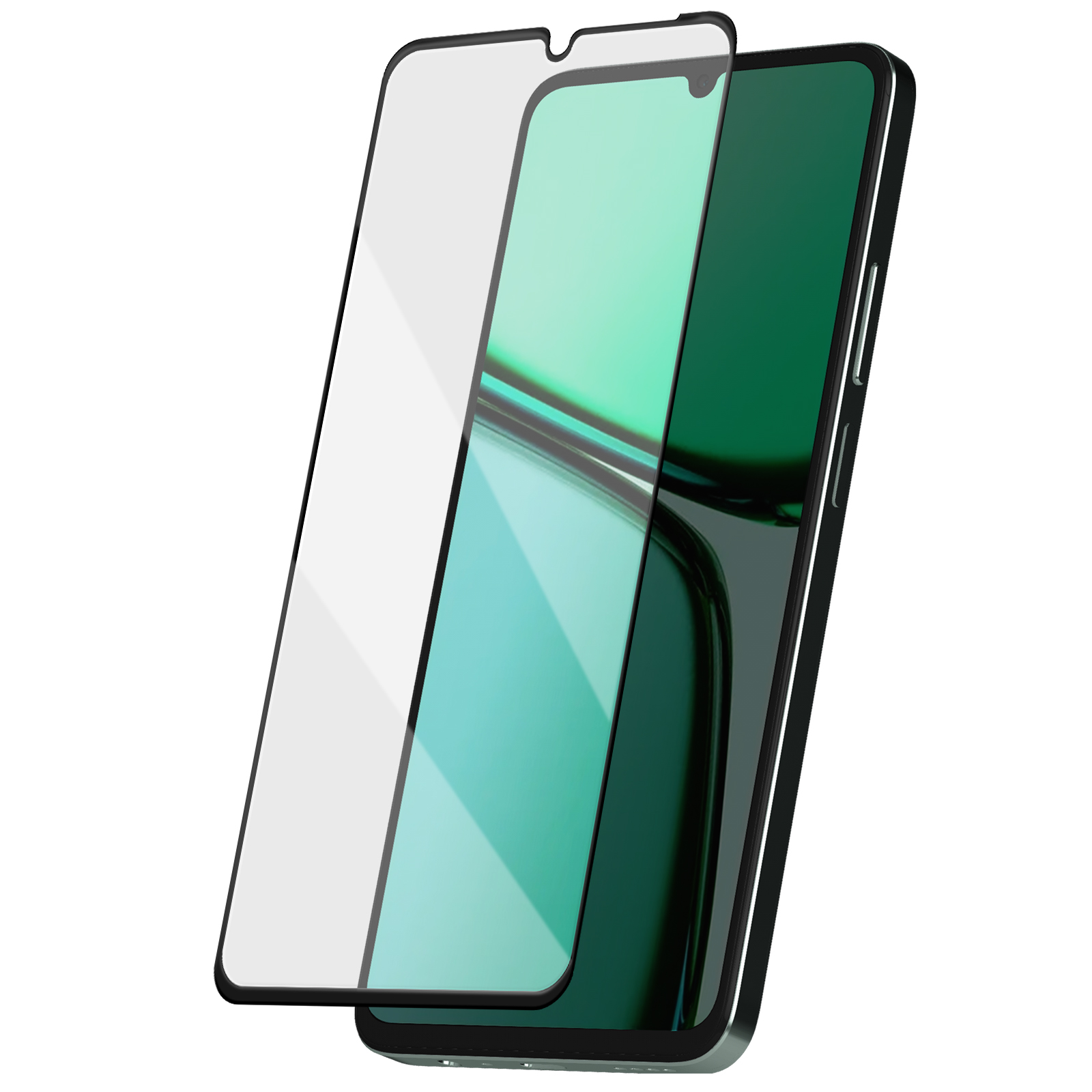 Uno smartphone con protezione schermo. Il telefono è nero con schermo verde. La protezione è trasparente e leggermente sopra lo schermo.