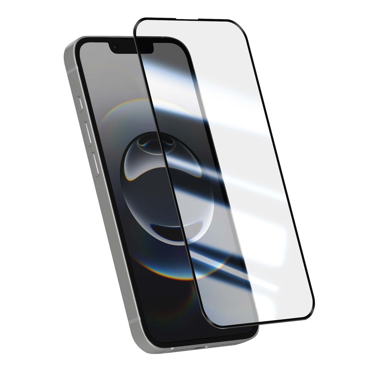 Un iPhone argenté avec un protecteur d'écran. Le téléphone est légèrement incliné, montrant l'écran et le protecteur.