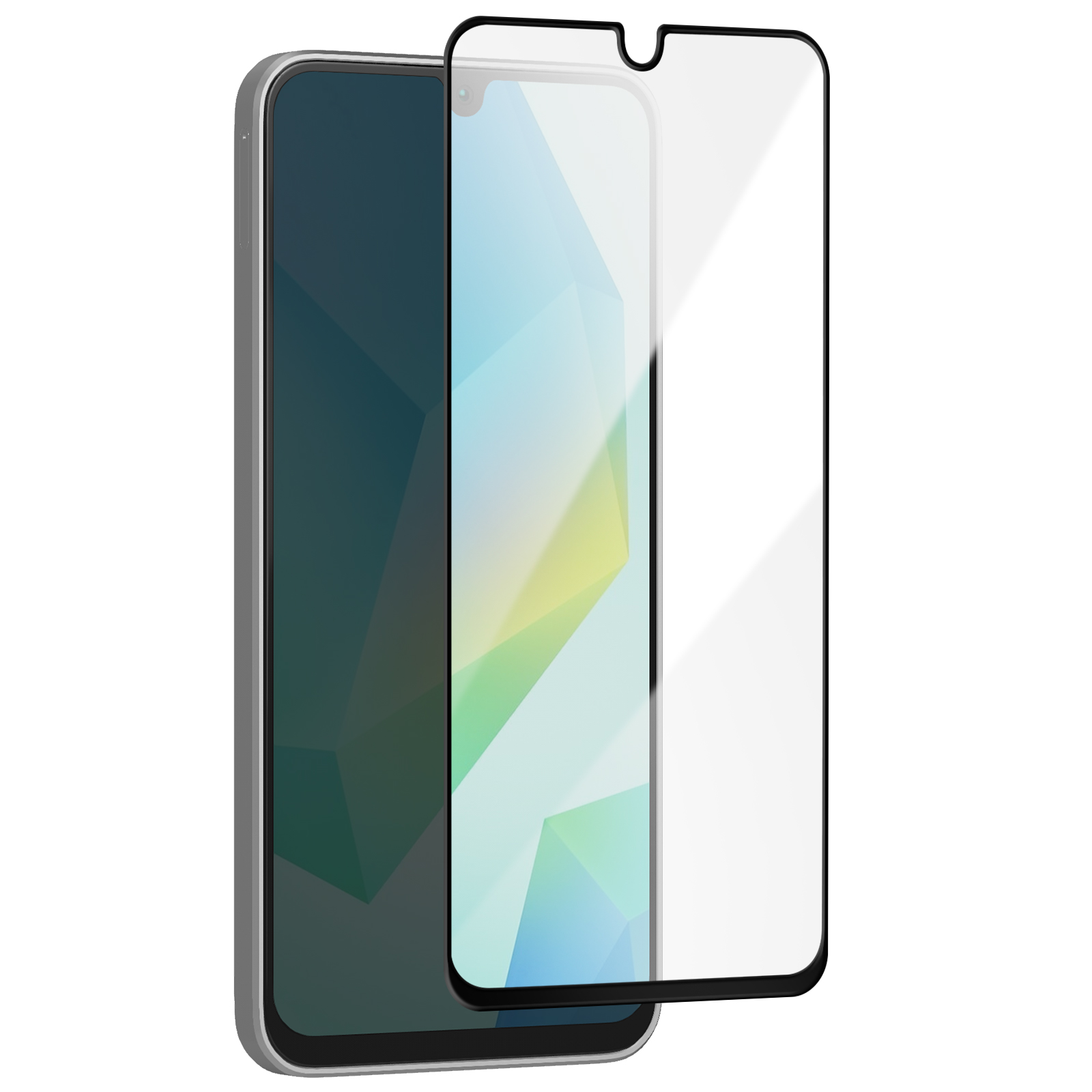 Uno smartphone con protezione schermo. Il telefono è argento, lo schermo mostra un motivo astratto colorato.