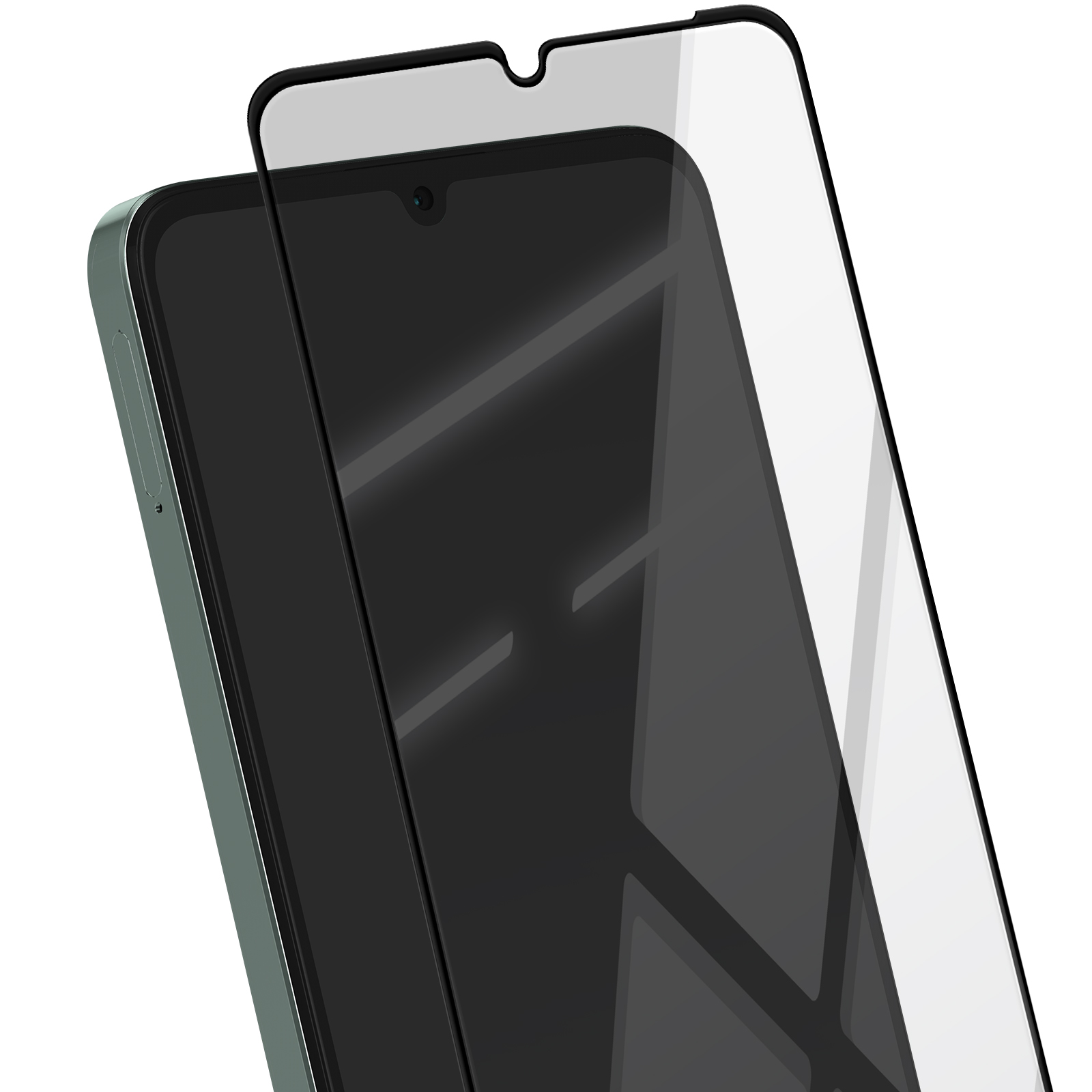 Uno smartphone con protezione schermo applicata. Il telefono ha schermo nero, cornice verde e protezione schermo trasparente.